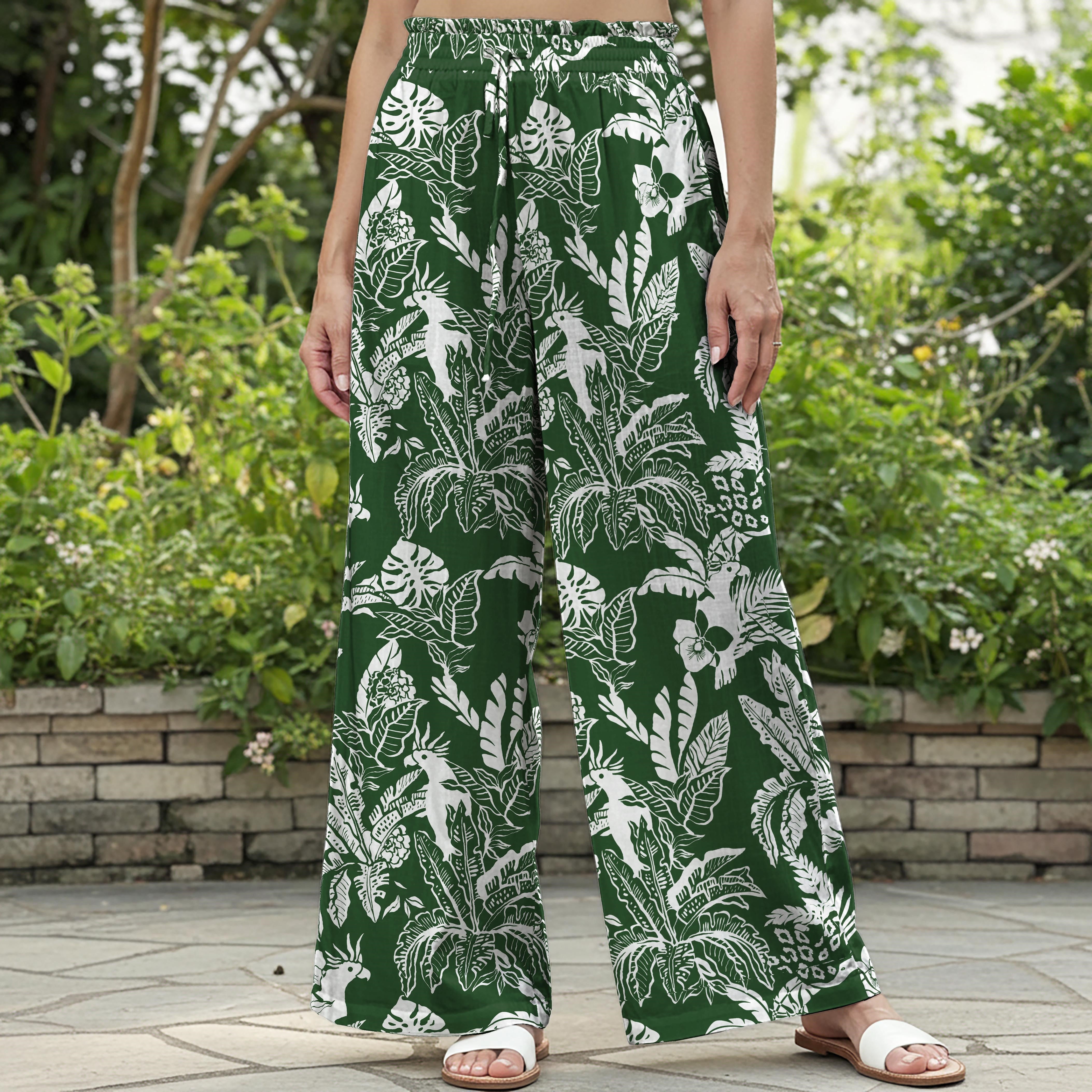 Women Casual Pants Lounge Elastic Waist Drawstring 100% Cotton Green Aloha Tropical Exotic Vibes
