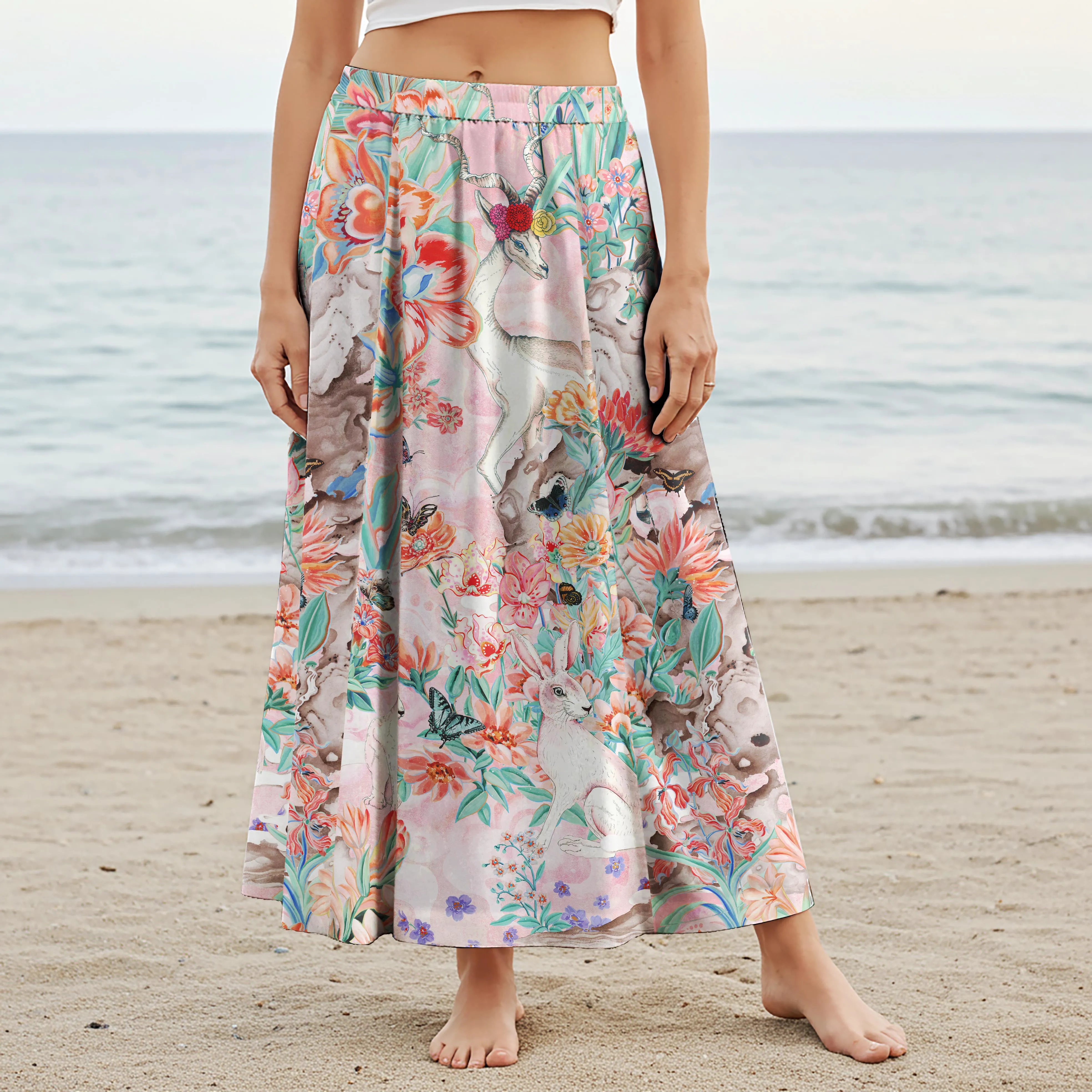 Women Casual Maxi Skirt Long Elastic Waist with Pockets 100% Cotton Green Aloha Fantasy Garden Creatures