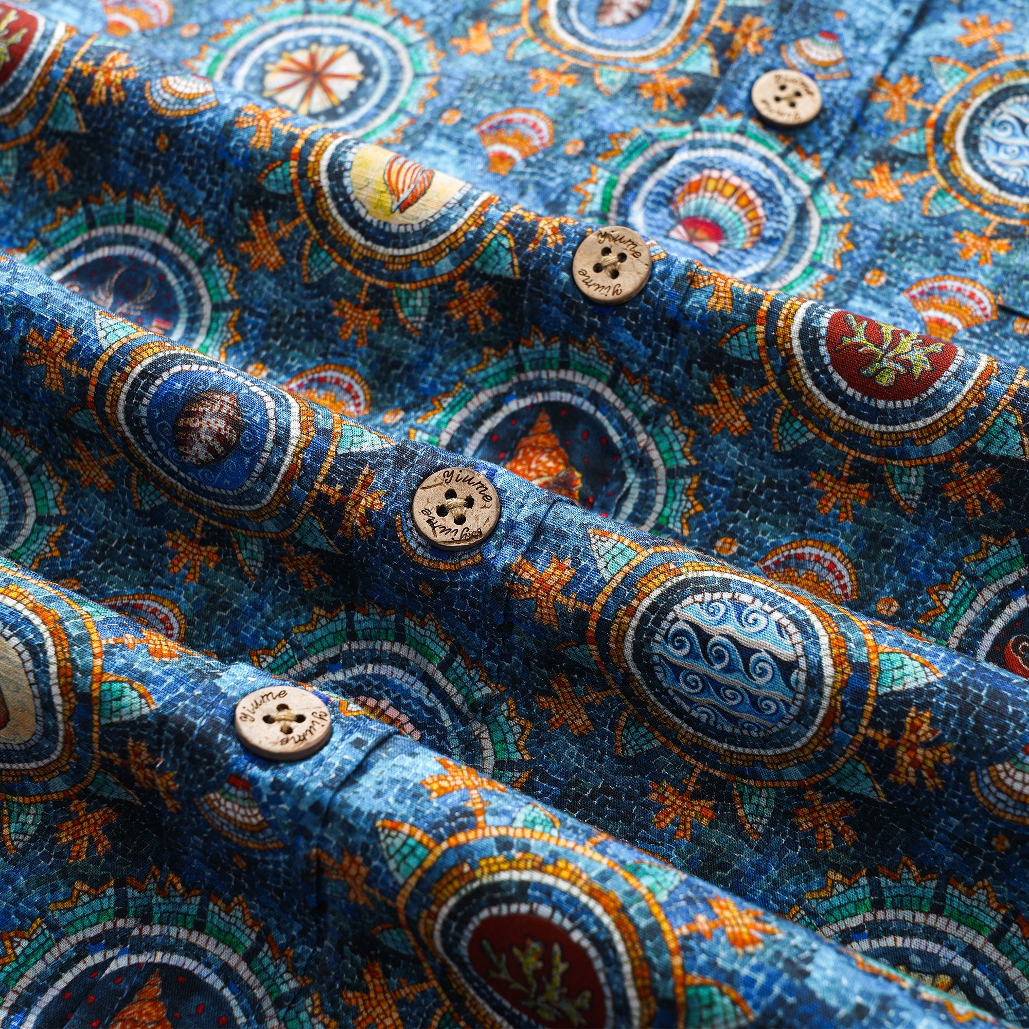 Men's Hawaiian Shirt Short Sleeve Button-down 100% Cotton Blue Aloha Shell Mosaic