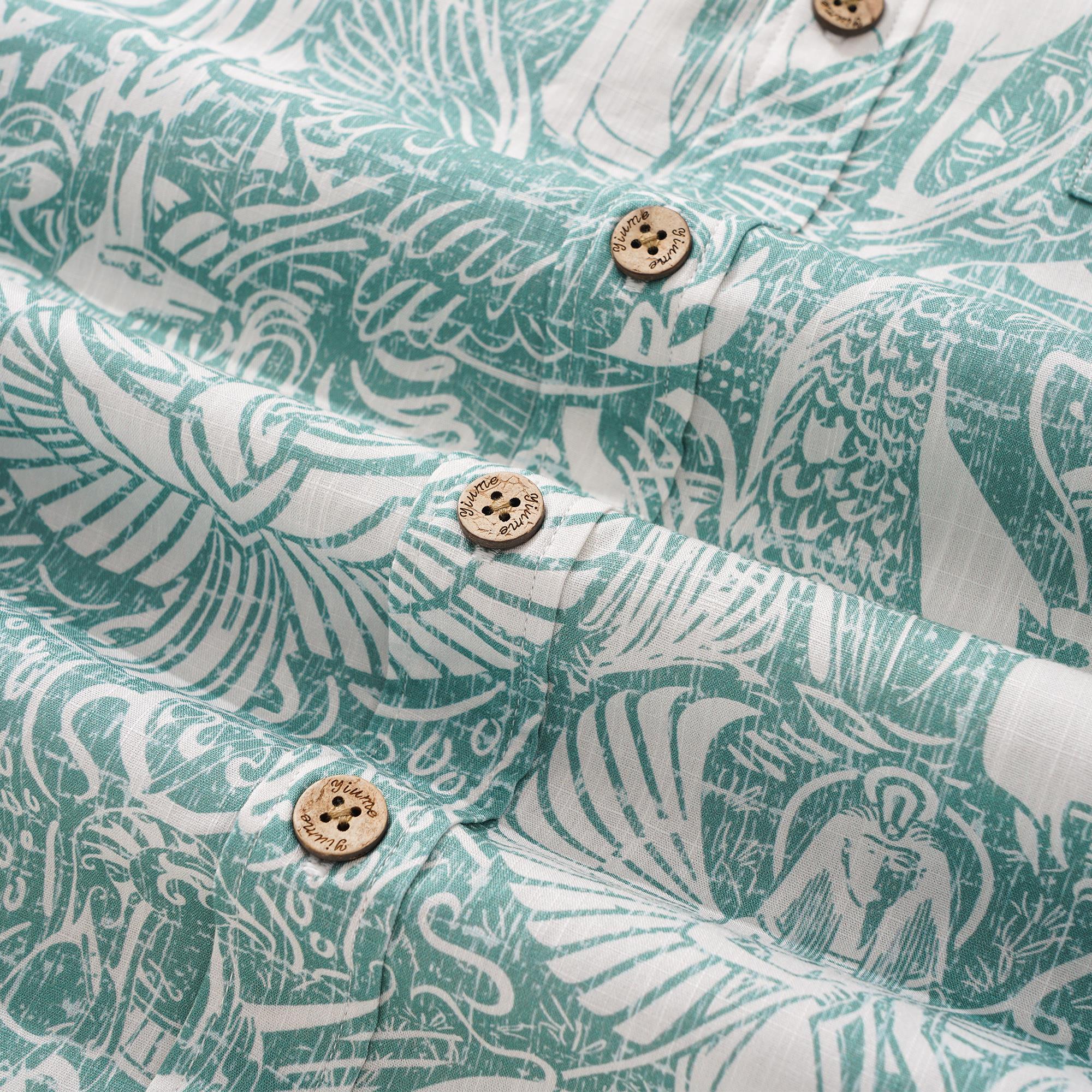 Men's Hawaiian Shirt Short Sleeve Button-down 100% Cotton Green Aloha Egyptian Myths