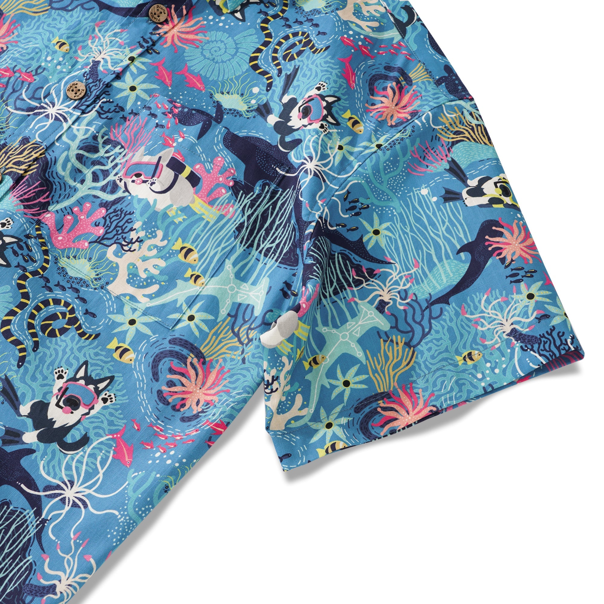 Men's Hawaiian Shirt Short Sleeve Button-down 100% Cotton Blue Aloha Dive Pup