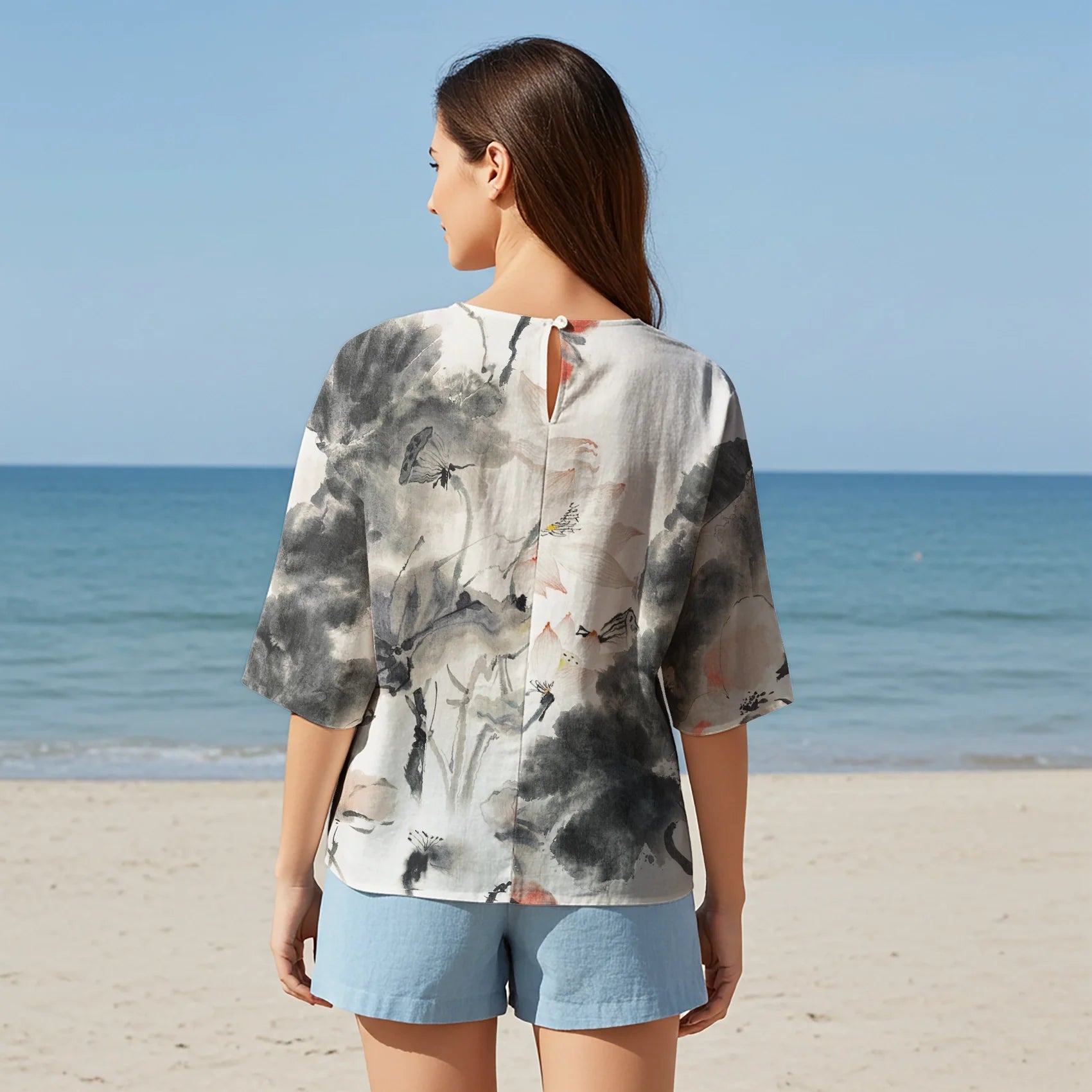 Women Casual Blouse Elbow Sleeve Round Neck Button-Back 95% Tencel, 5% Linen Gray Aloha Eastern Lotus Elegance