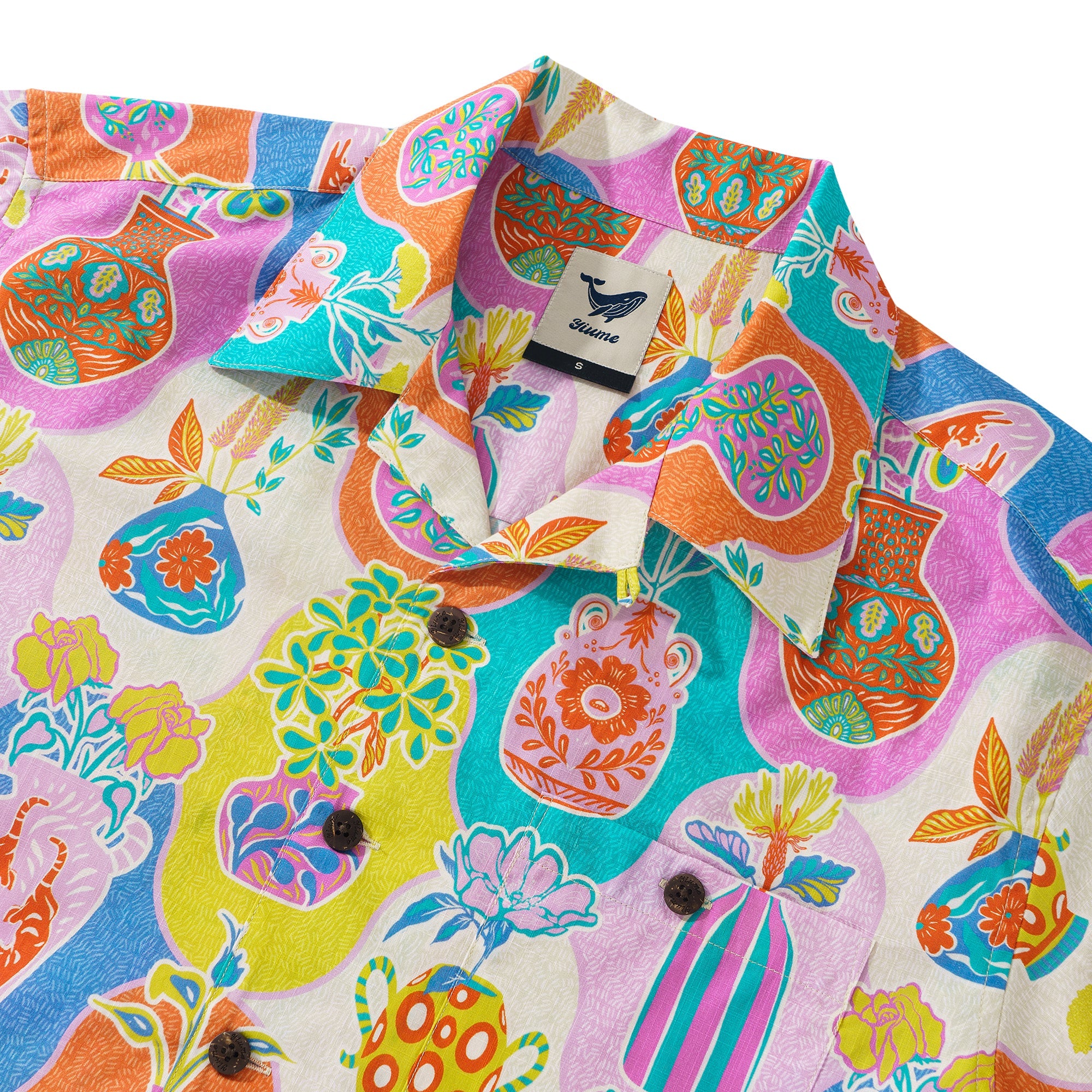 Vibrant Hawaiian-Style Vases 100% Cotton Men's Aloha Hawaiian Short Sleeve Camp Collar Shirt