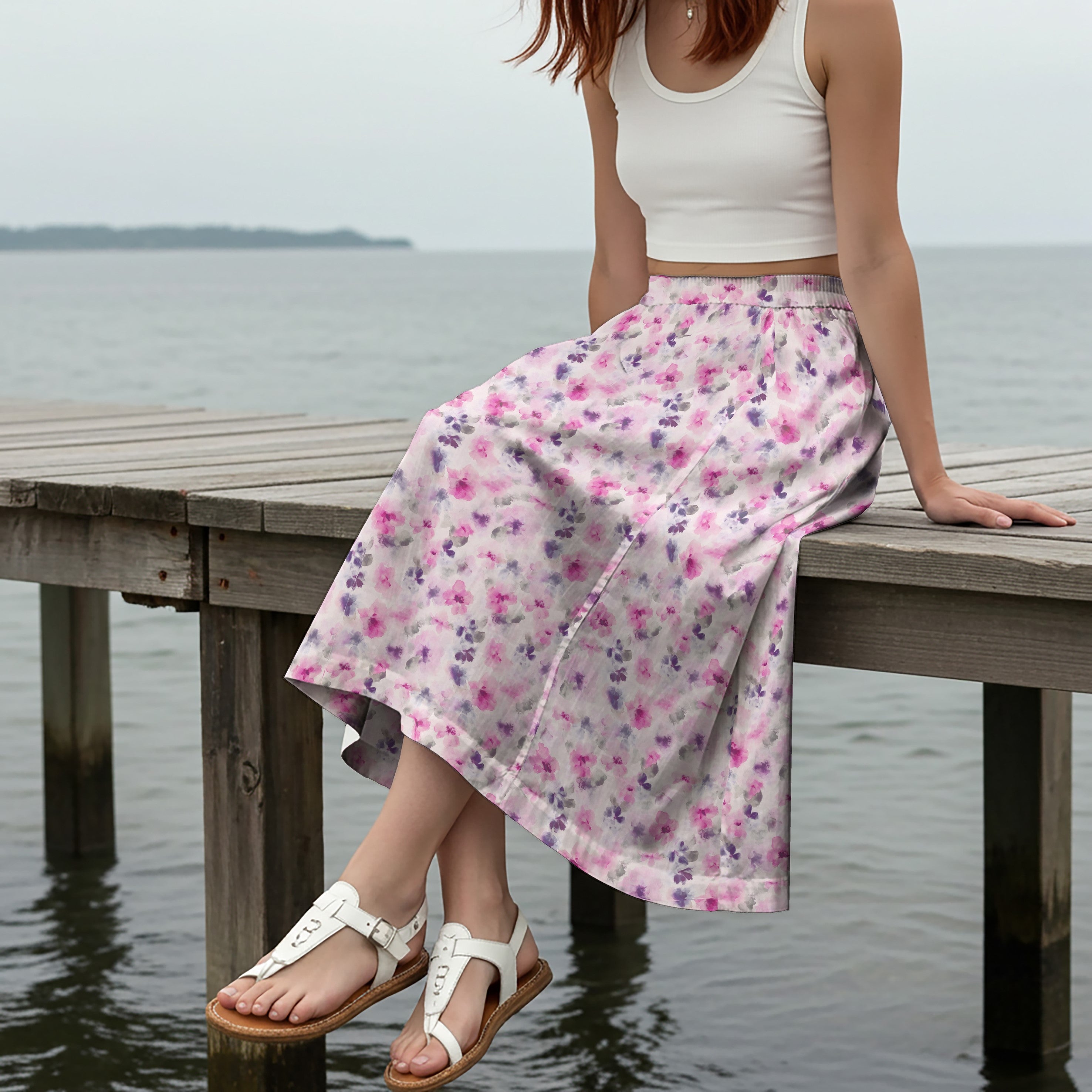 Women Casual Maxi Skirt Long Elastic Waist with Pockets 100% Cotton Aloha Misty Floral Haven