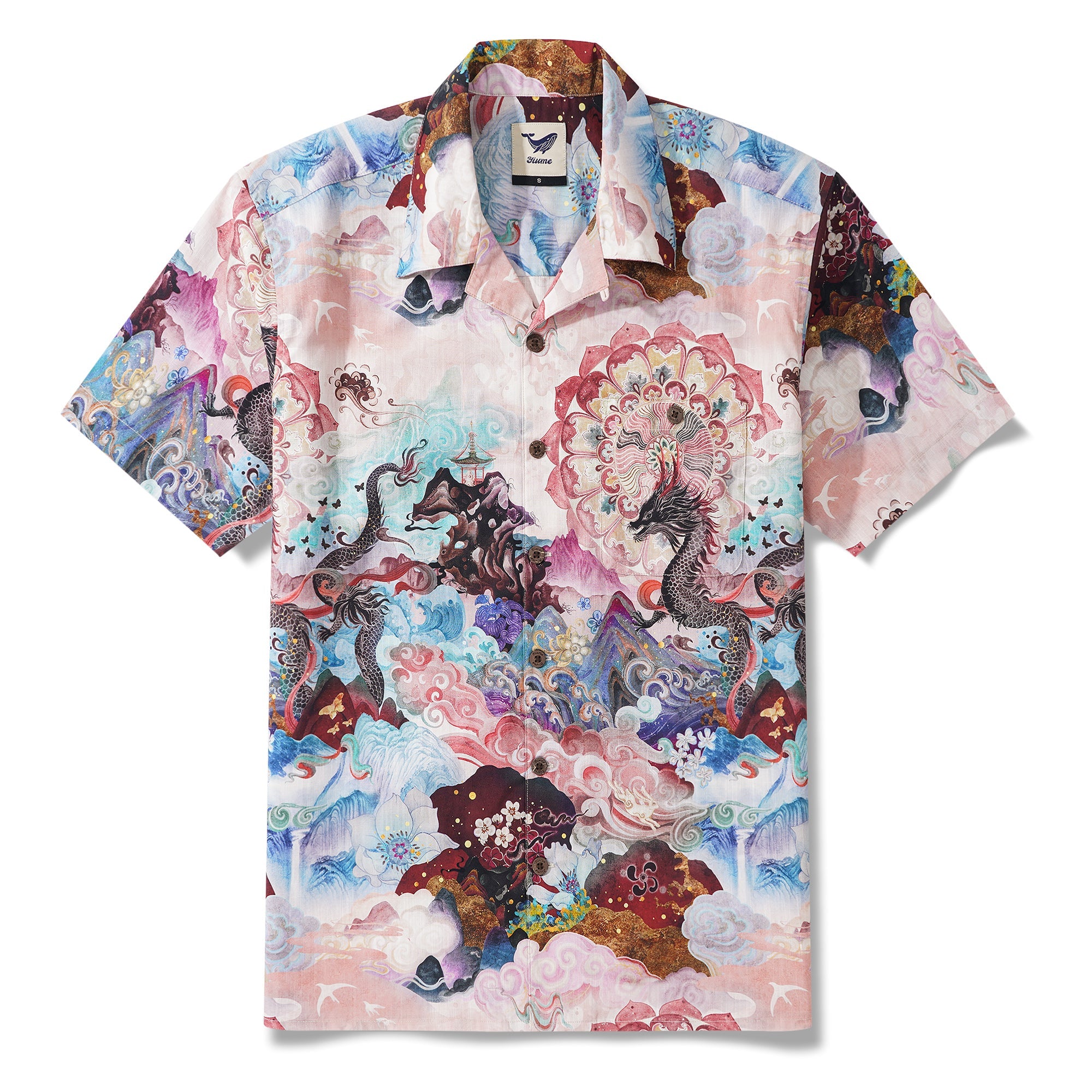Men's Hawaiian Shirt Short Sleeve Camp Collar 100% Cotton Aloha Dragon Odyssey