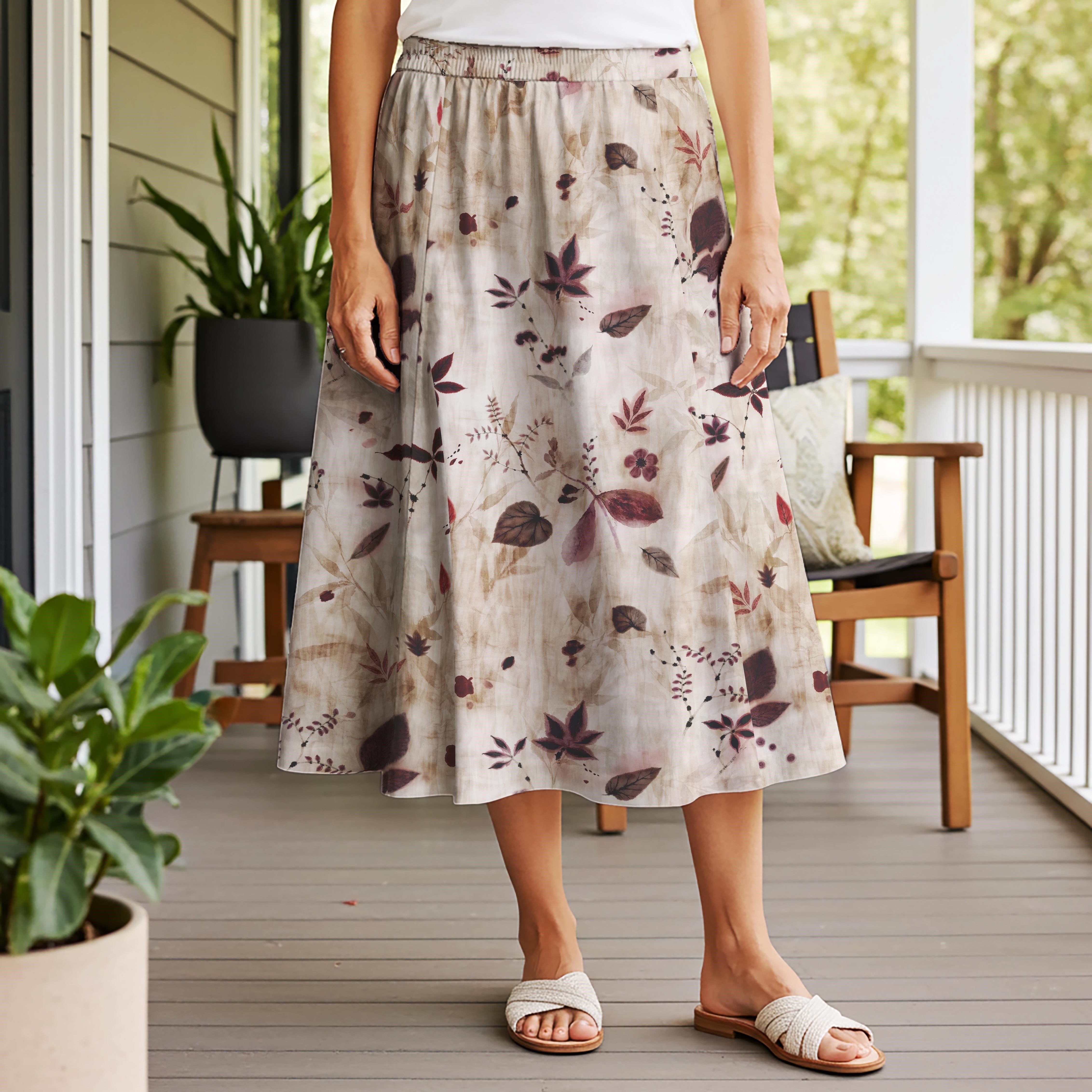 Women Casual Maxi Skirt Long Elastic Waist 100% Cotton Brown Aloha Autumn Whispers Floral Collection