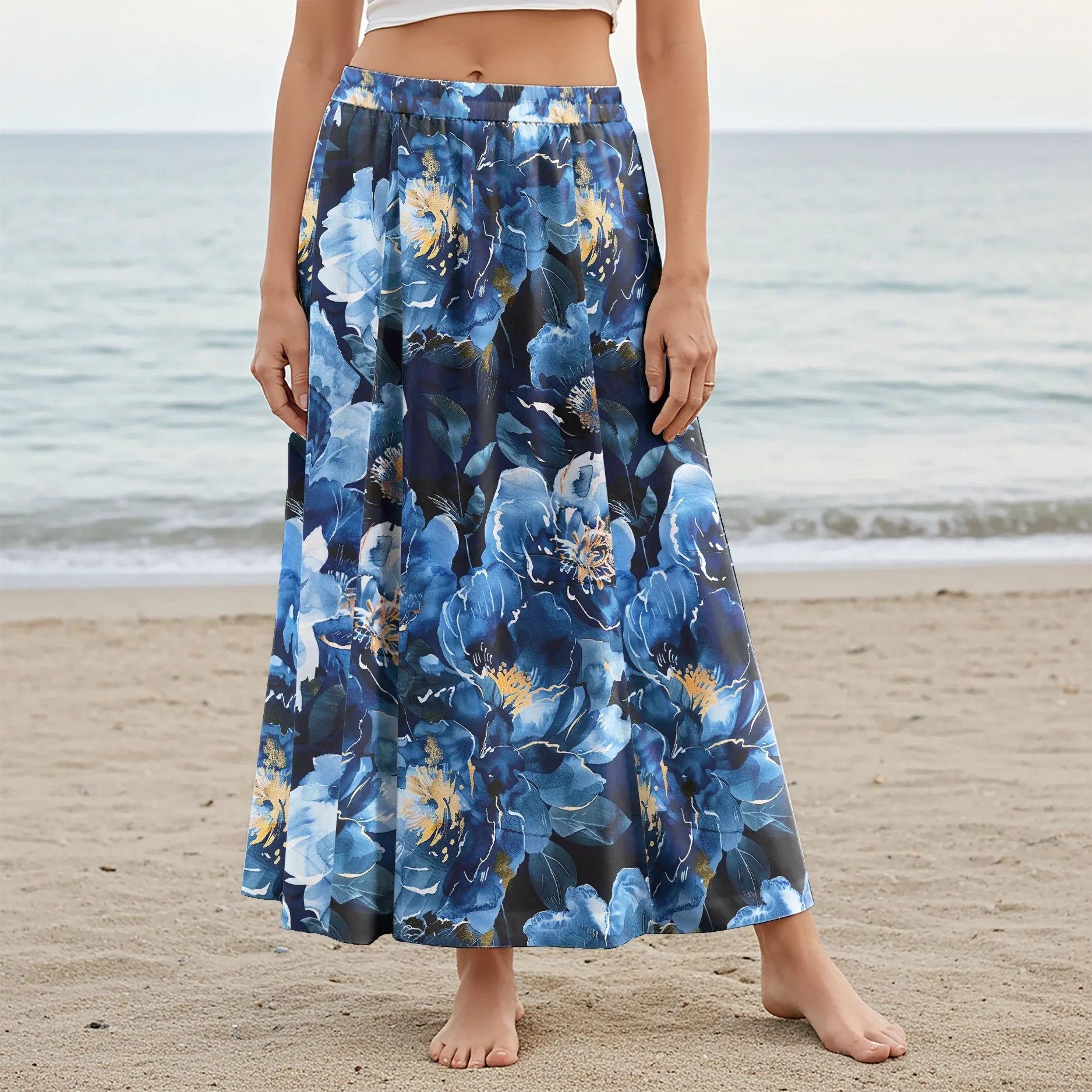 Women Casual Maxi Skirt Long Elastic Waist with Pockets 100% Cotton Blue Aloha Midnight Blossom