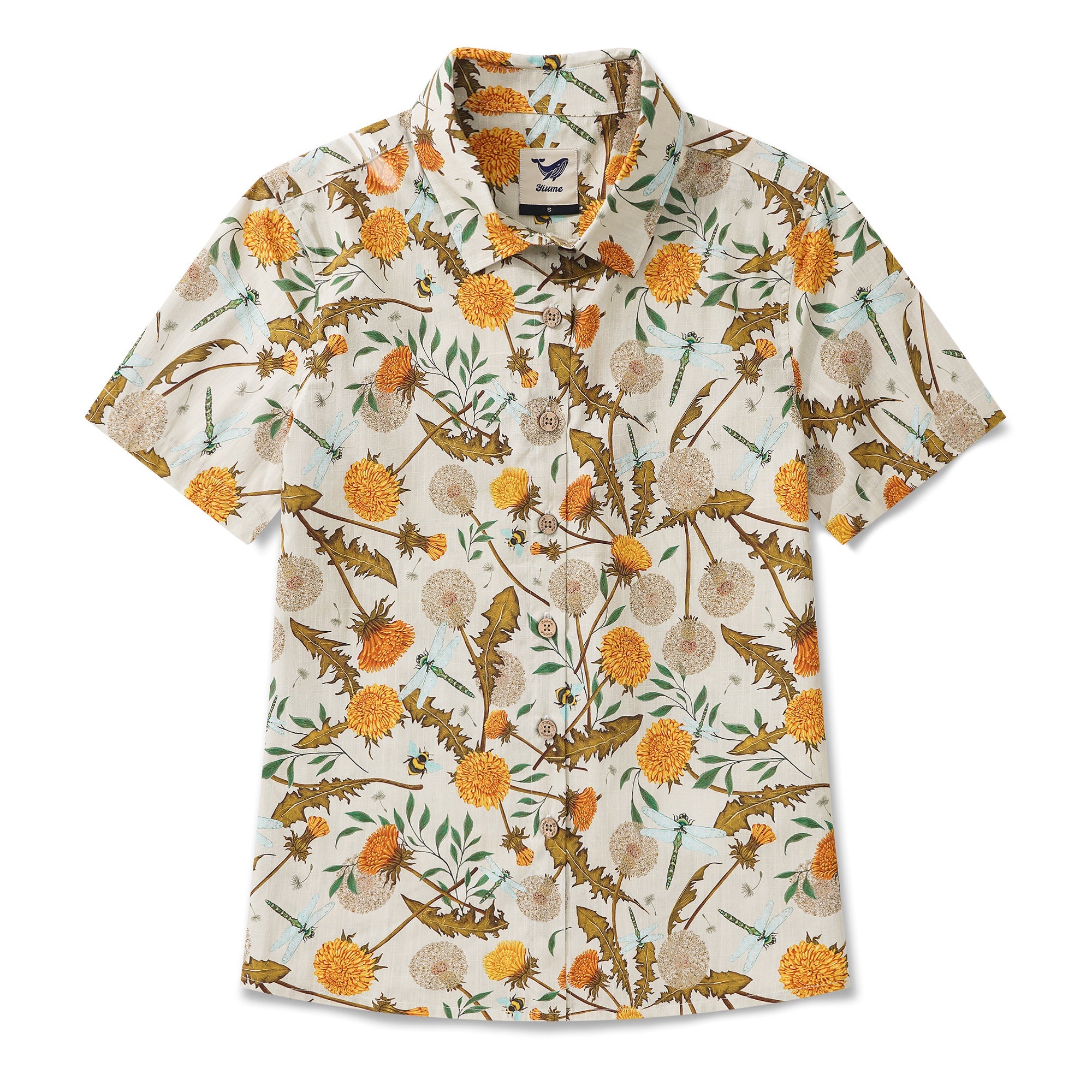 Women's Hawaiian Shirt Short Sleeve Button-up 100% Cotton Yellow Aloha Dandelions and Dragonflies By Silver Steer Design
