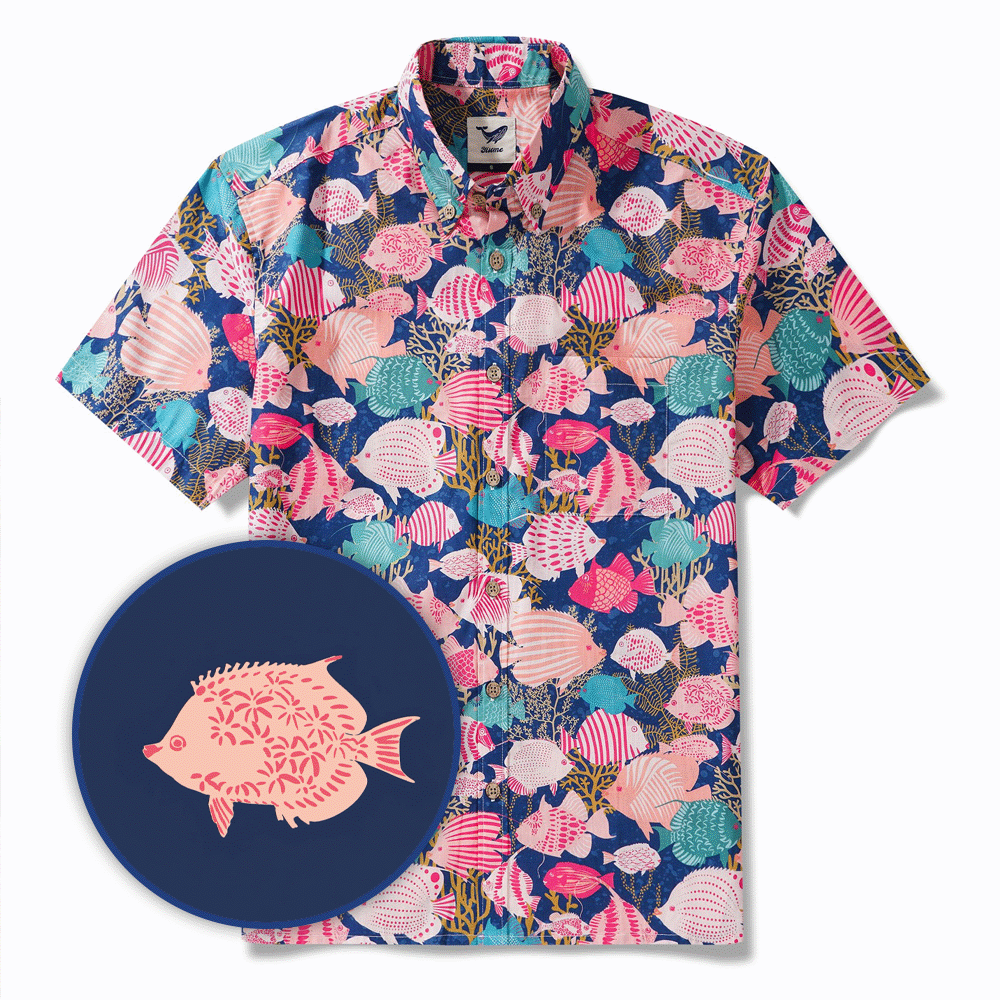 Men's Hawaiian Shirt Short Sleeve Button-down 100% Cotton Aloha Happy Fishes In The Coral Reef By Annick