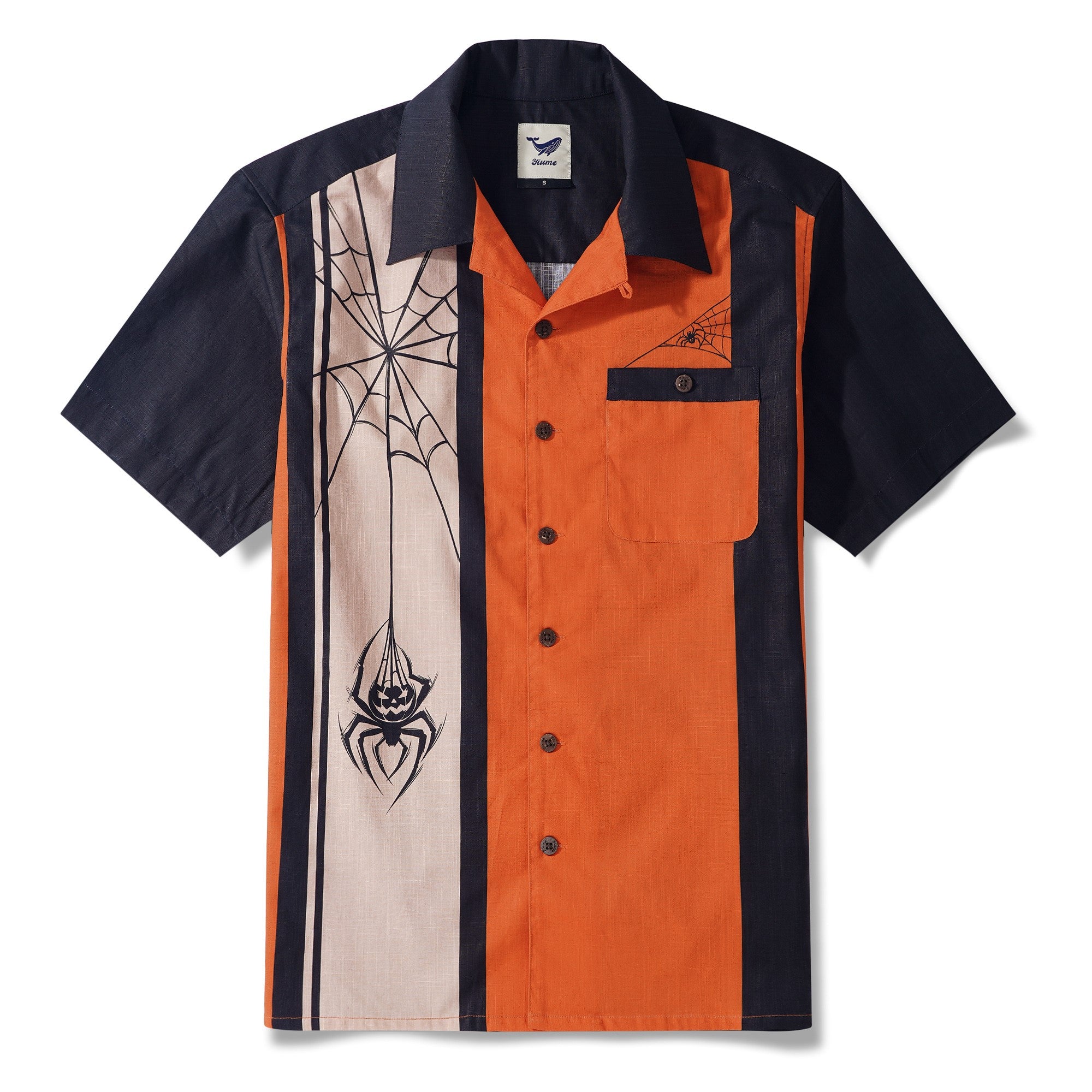 Men's Hawaiian Shirt Short Sleeve Camp Collar 100% Cotton Black Aloha Spider Pumpkin Lantern