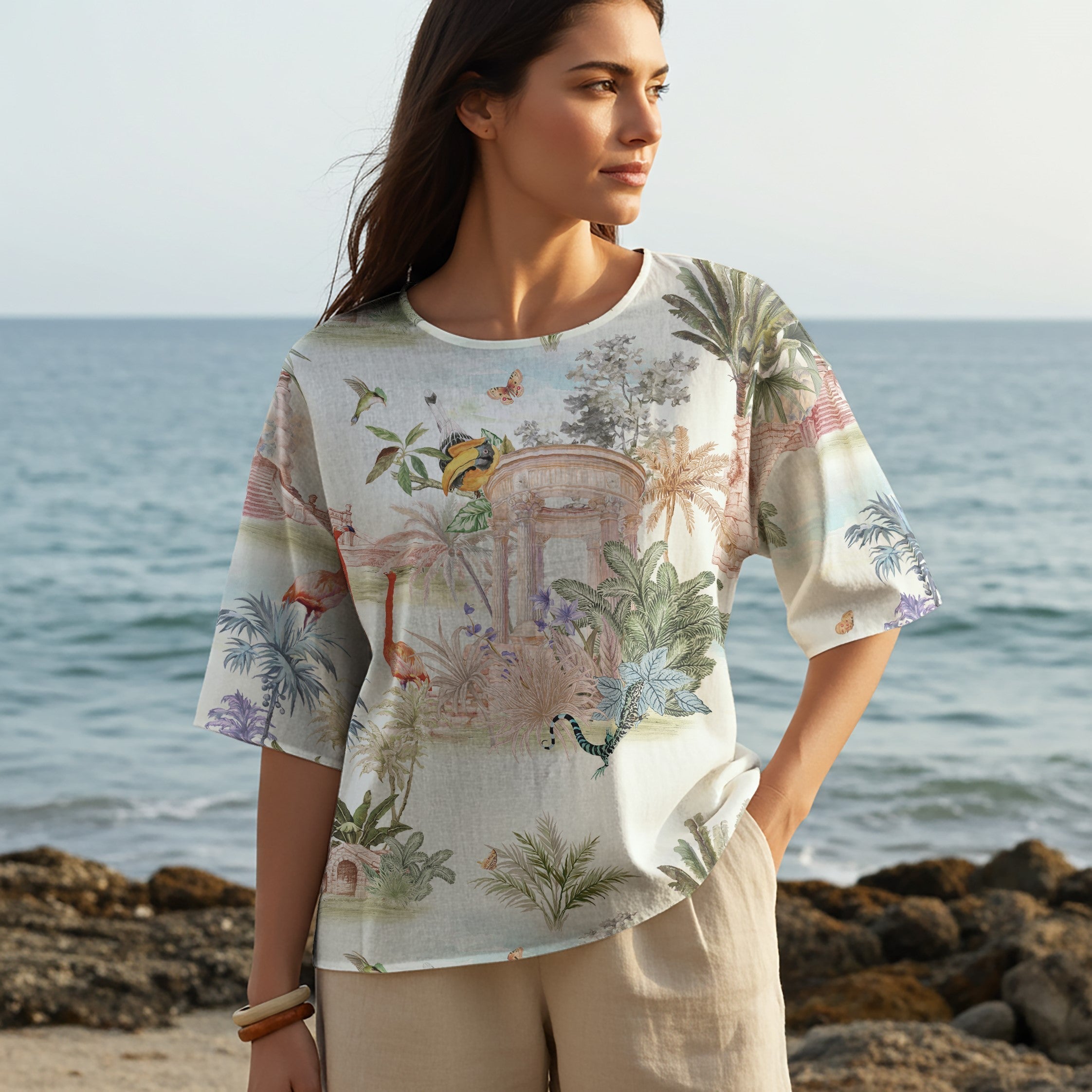 Women Casual Blouse Elbow Sleeve Round Neck Button-Back 95% Tencel, 5% Linen White Aloha Journey To The Fantasy Realm