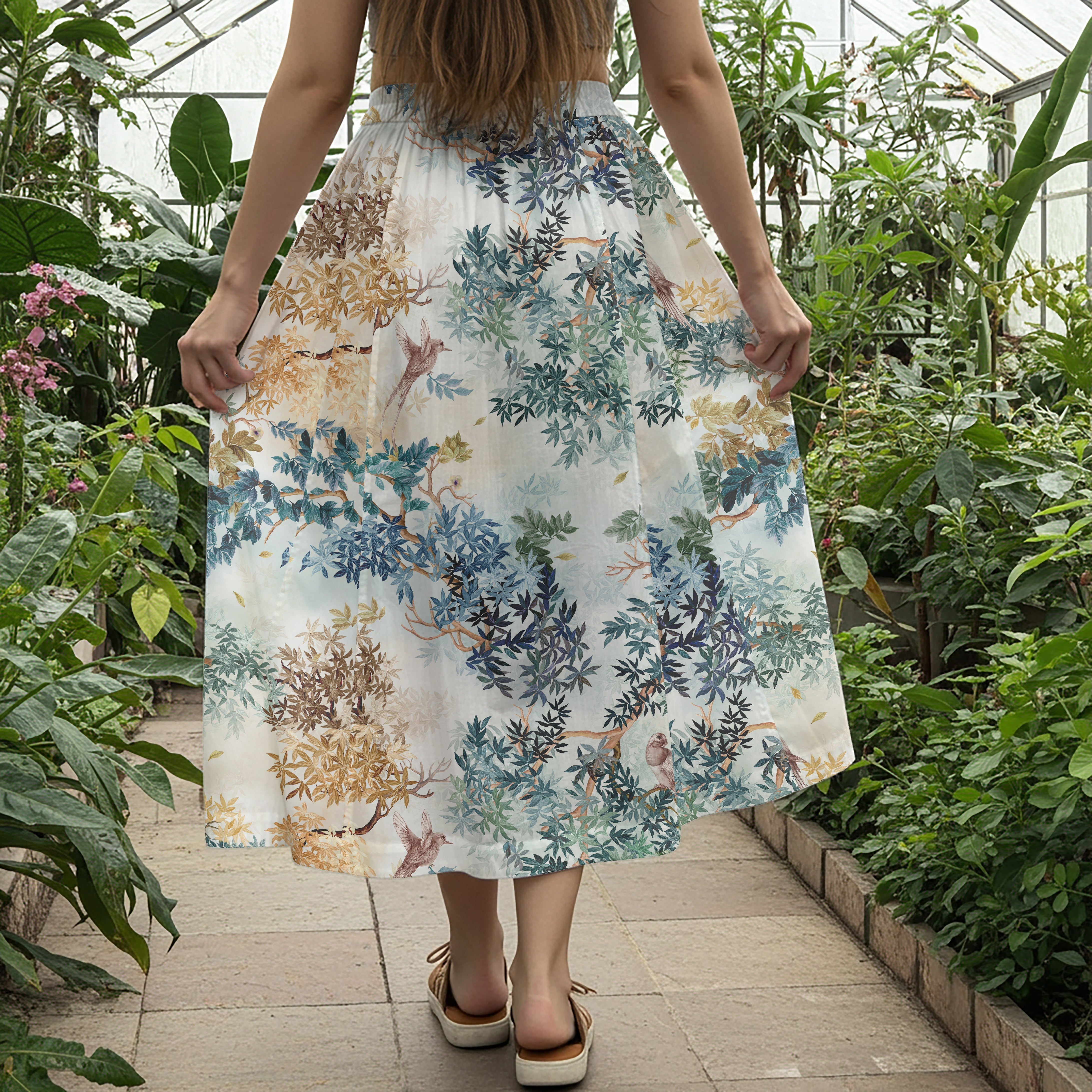 Women Casual Maxi Skirt Long Elastic Waist with Pockets 100% Cotton Blue Aloha Sylvan Serenade