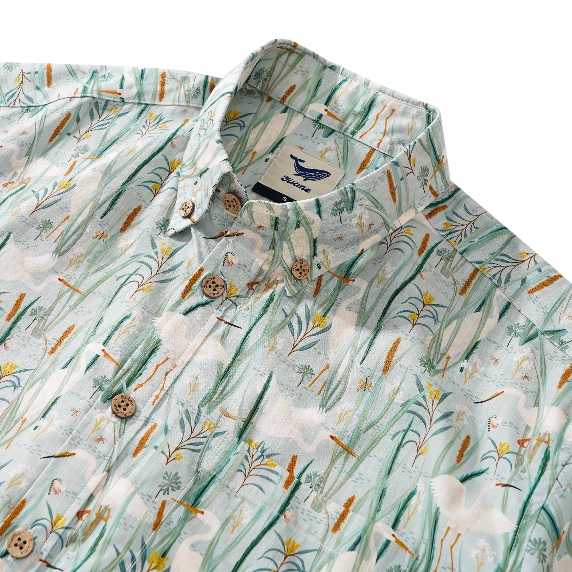 Men's Hawaiian Shirt Short Sleeve Button-down 100% Cotton Green Aloha Birds of the Billabong By Kristen