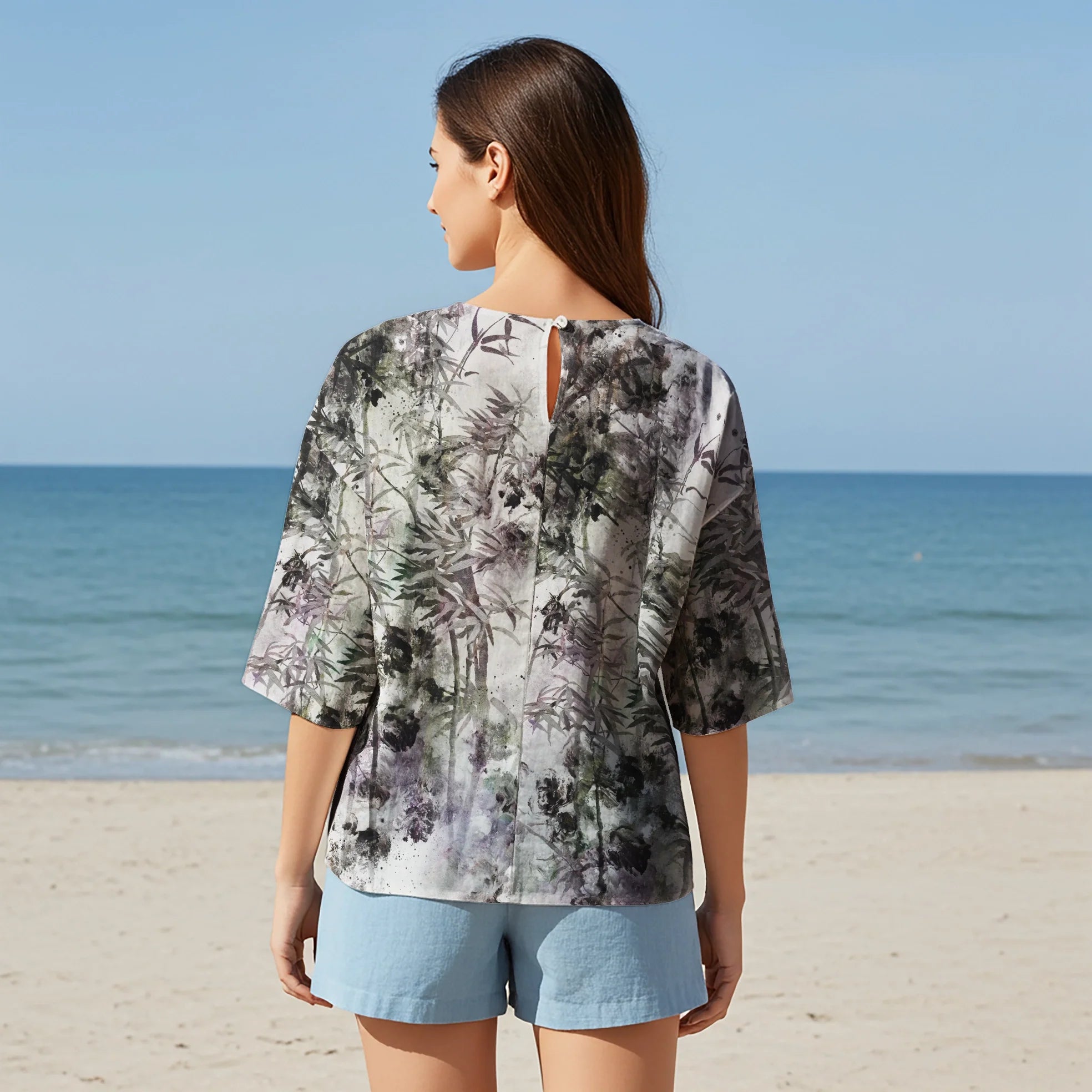 Women Casual Blouse Elbow Sleeve Round Neck Button-Back 95% Tencel, 5% Linen Gray Aloha Ink Bamboo