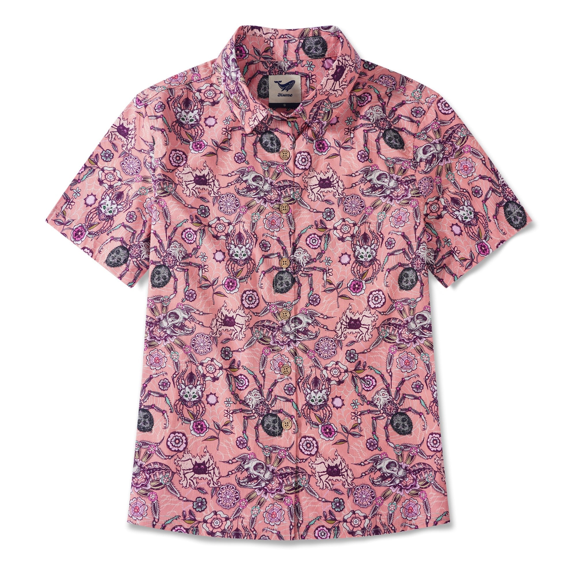 Women's Hawaiian Shirt Short Sleeve Button-up 100% Cotton Aloha Spider Cat