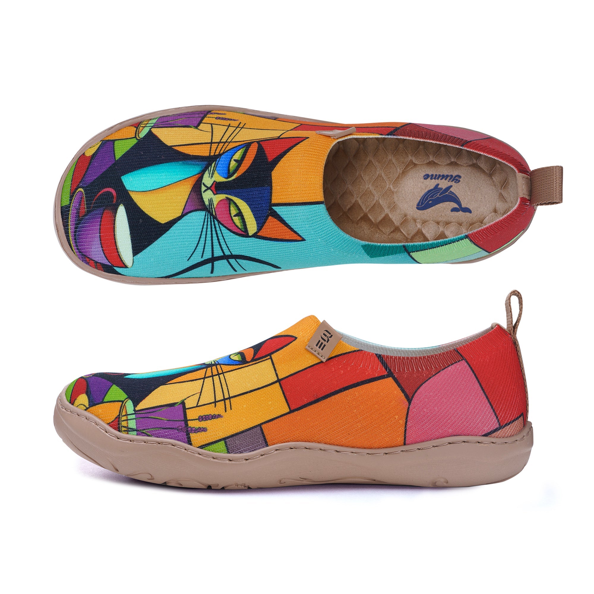 Women's foldable Loafers Colorful Geometric Cat Sneaker Painted Canvas Slip-On