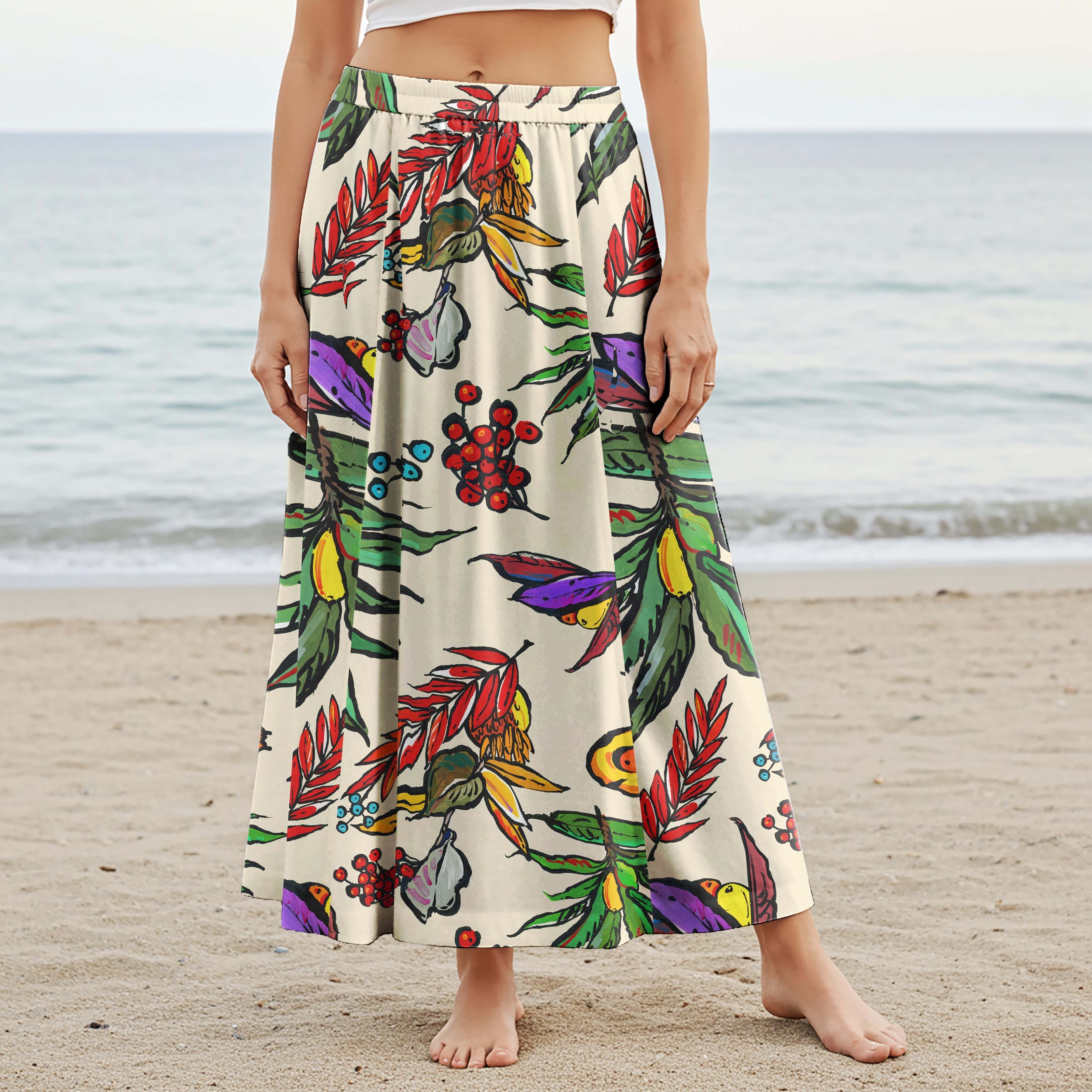 Women Casual Maxi Skirt Long Elastic Waist with Pockets 100% Cotton Aloha Tropical Fruit Fiesta