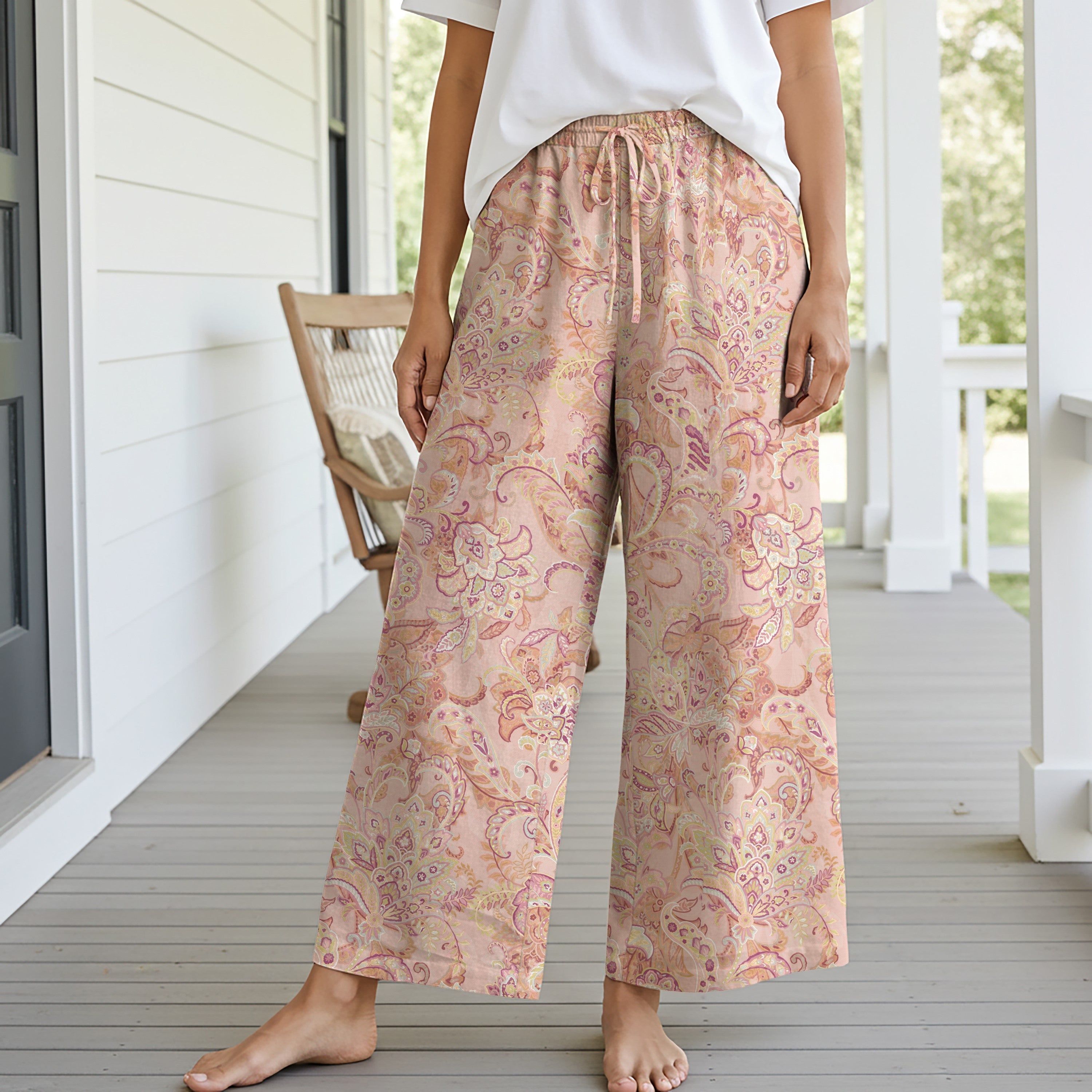Women Casual Pants Lounge Elastic Waist Drawstring 93% Tencel 7% Linen Aloha Paisley Powder Dream
