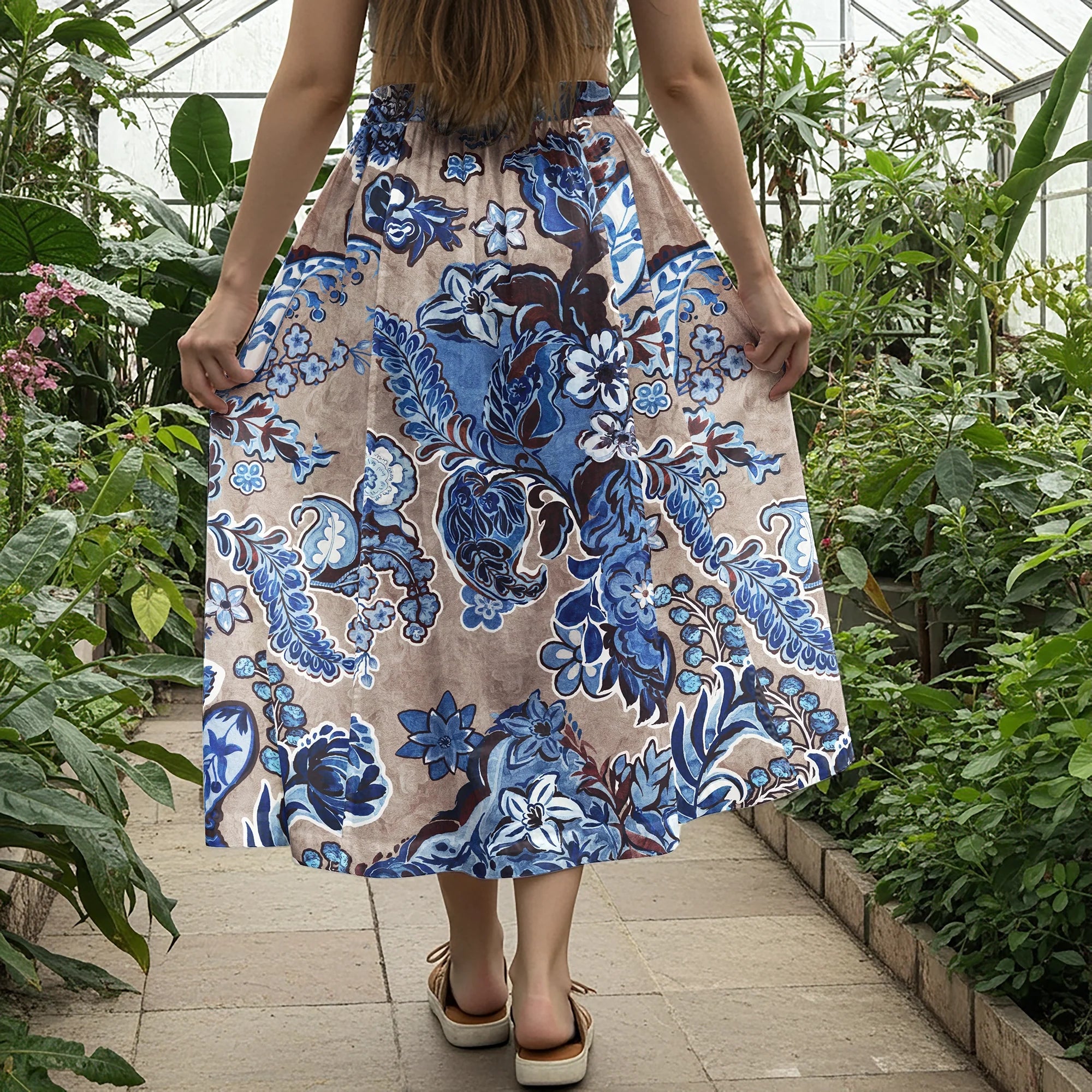 Women Casual Maxi Skirt Long Elastic Waist with Pockets 100% Cotton Blue Aloha Vintage Blue Melodies