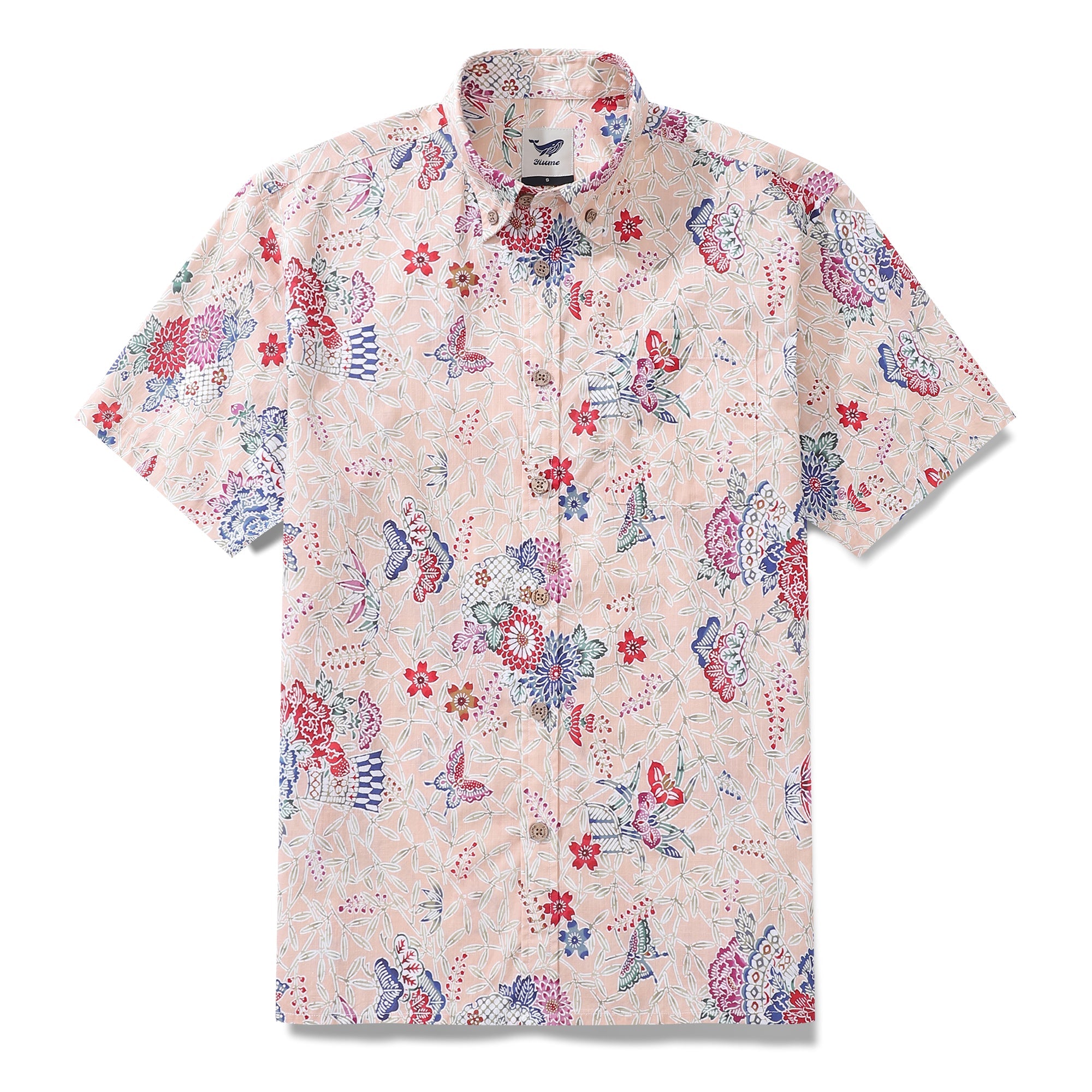 Men's Hawaiian Shirt Blossoms and Butterflies Print Cotton Button-down Short Sleeve Aloha Shirt