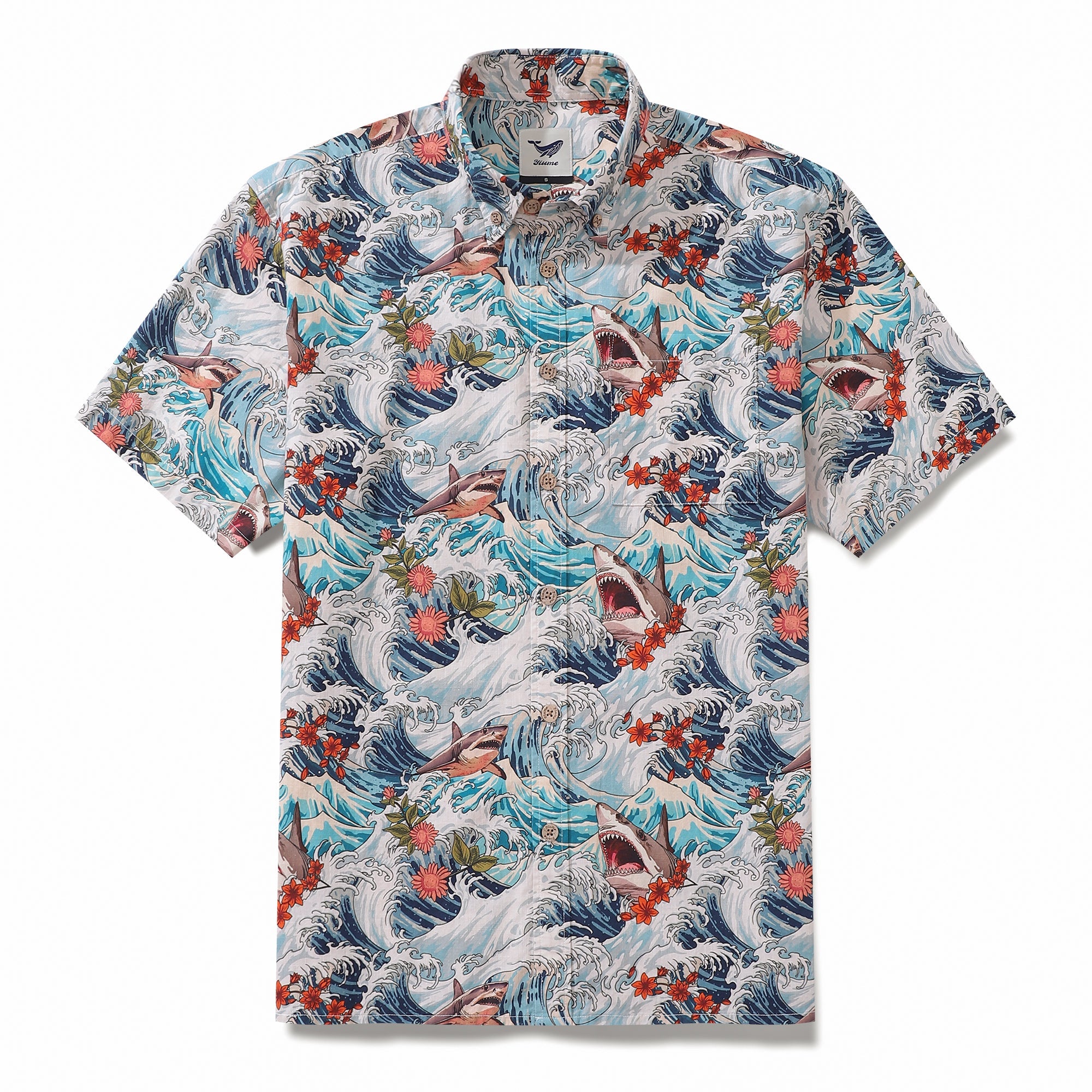Men's Hawaiian Shirt Turbulence at Sea with Sharks Print Cotton Button ...