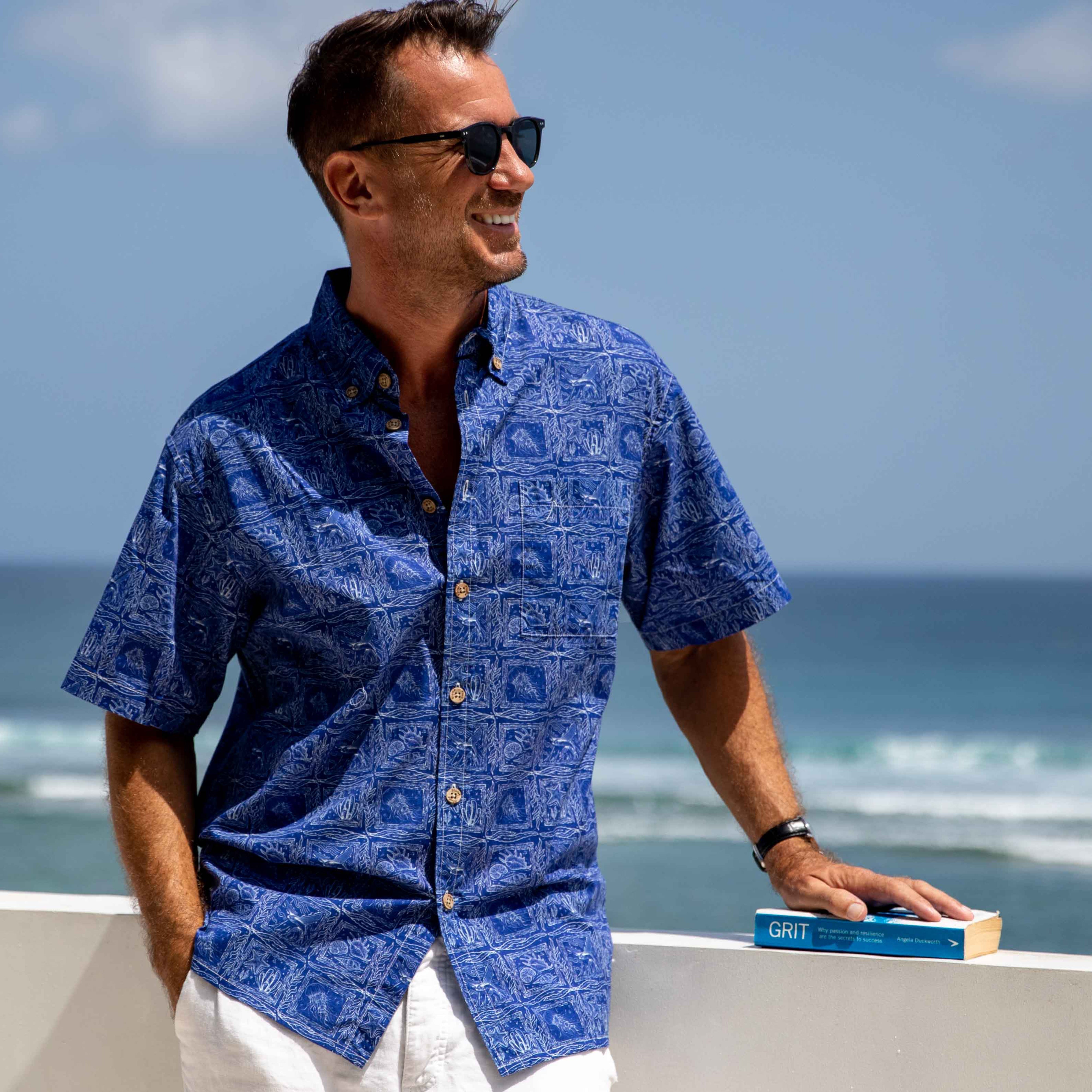 Hawaiian Shirts for Men Ocean Life and Line Combination Printed Short Sleeve Shirt - Navy Blue