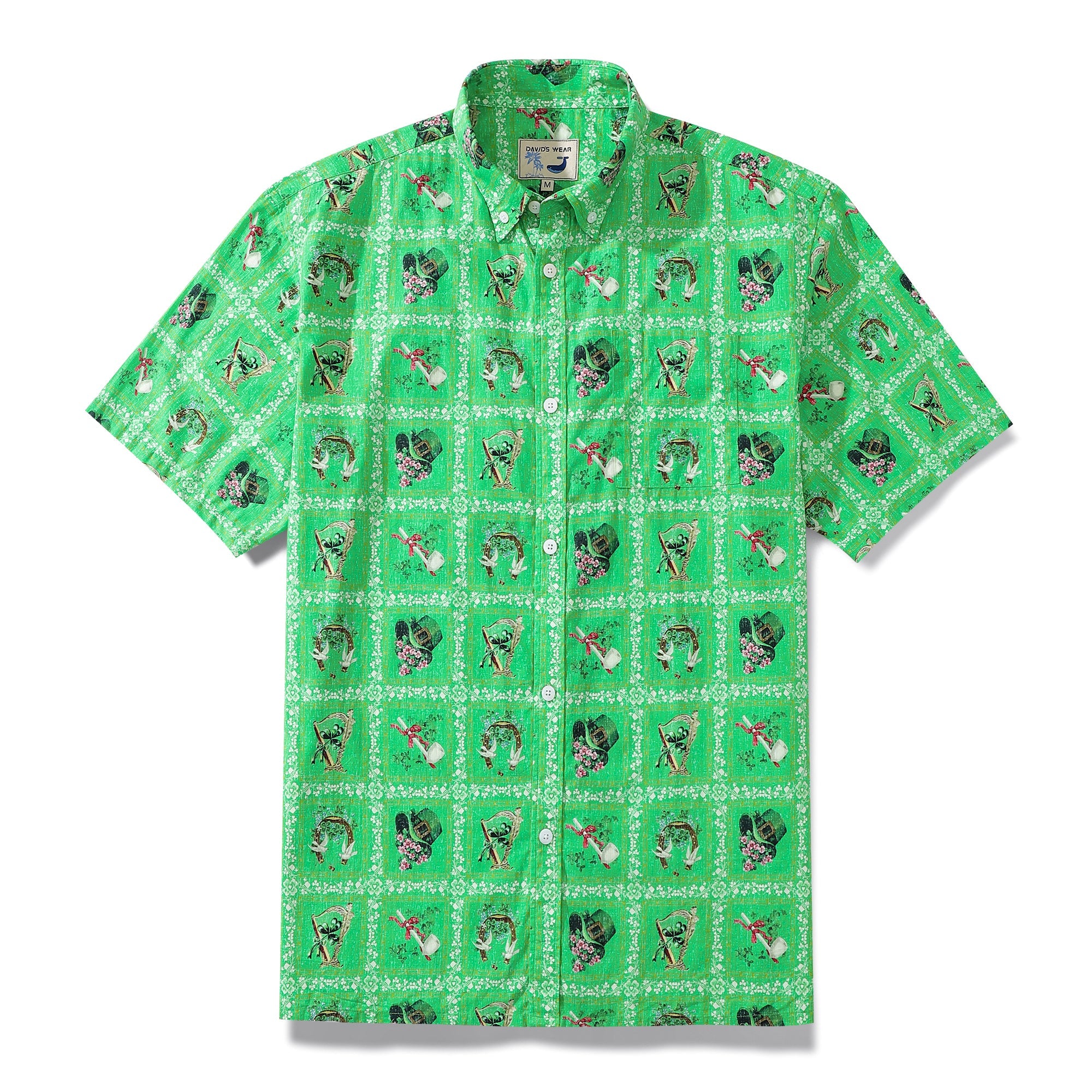 Hawaiian Shirt For Men Green St. Patrick's Day Short Sleeve Cotton Shirt