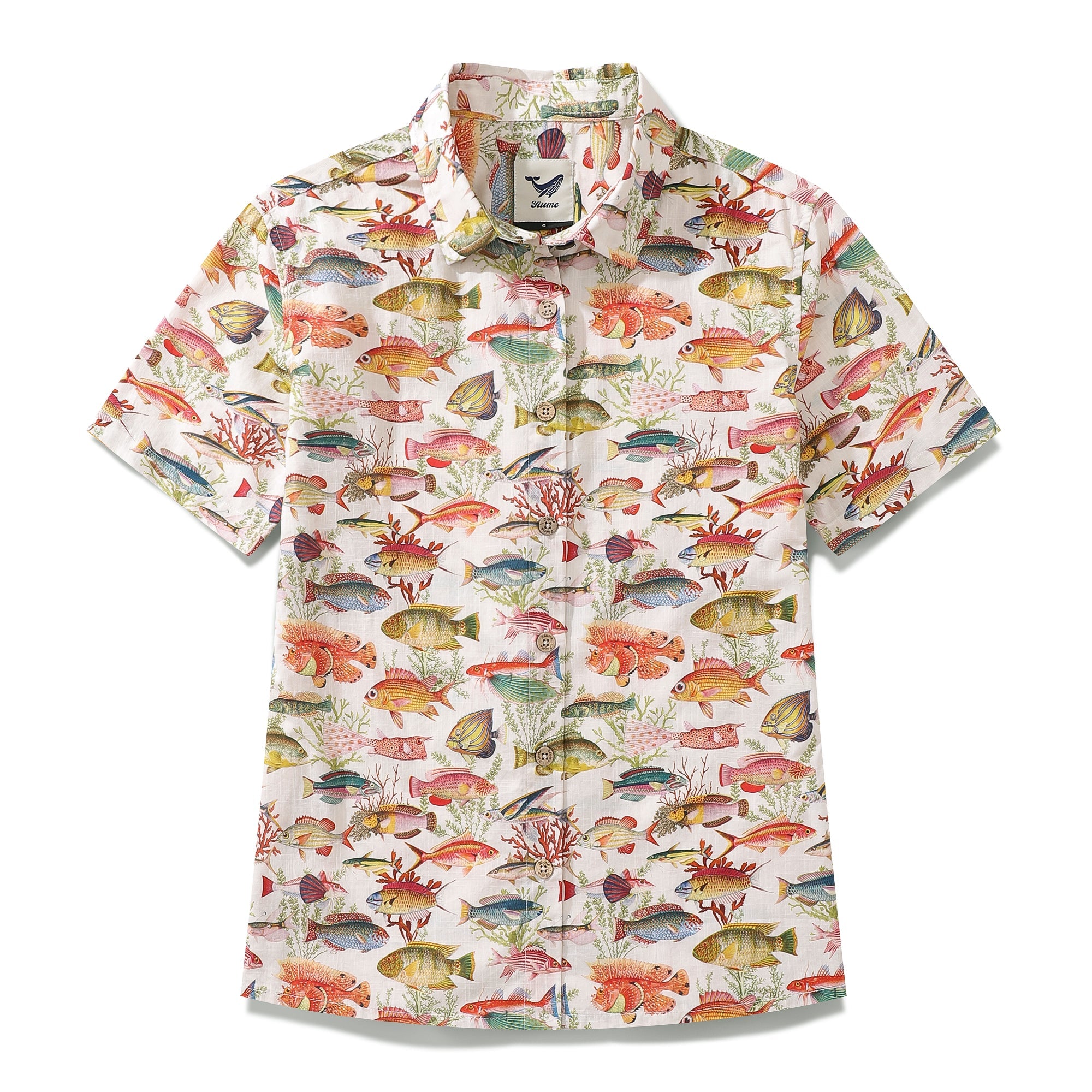 Women's Hawaiian Shirt Sea Ocean Fish Print Cotton Button-down Short Sleeve