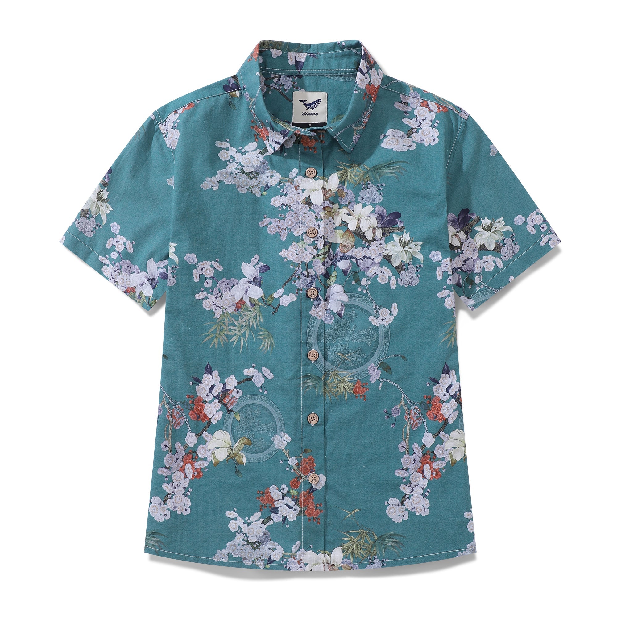 Women's Hawaiian Shirt Elegant plum fragrance Print Cotton Button-down Short Sleeve