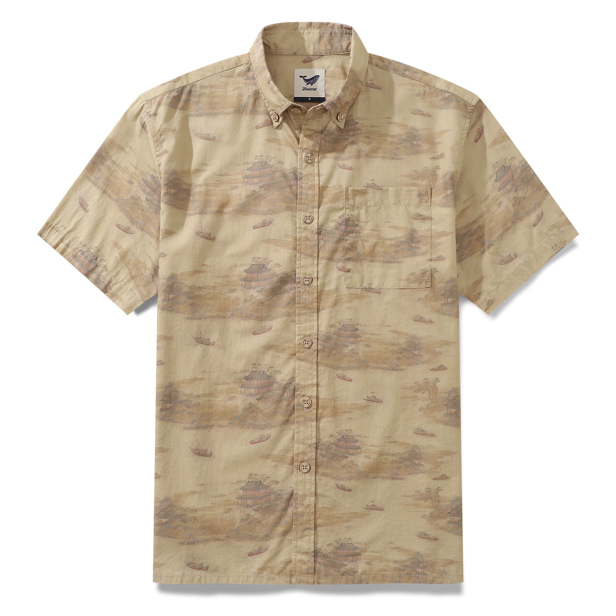 Men's Hawaiian Shirt Serenity along the Riverbank Cotton Button-down Short Sleeve Aloha Shirt