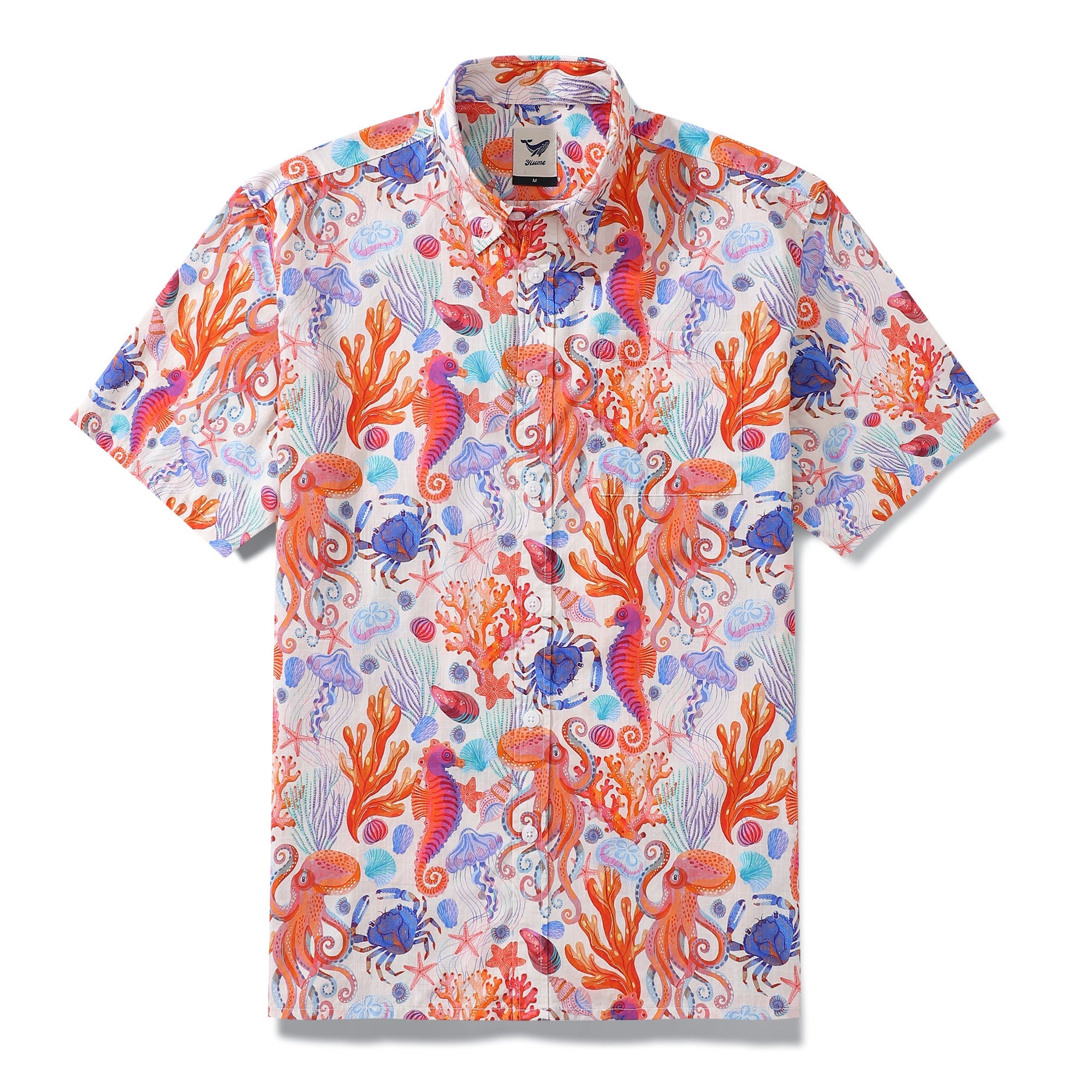 Men's Hawaiian Ocean Shirt Ocean Life Print By Rebecca Elfast Cotton Button-down Short Sleeve Aloha Shirt