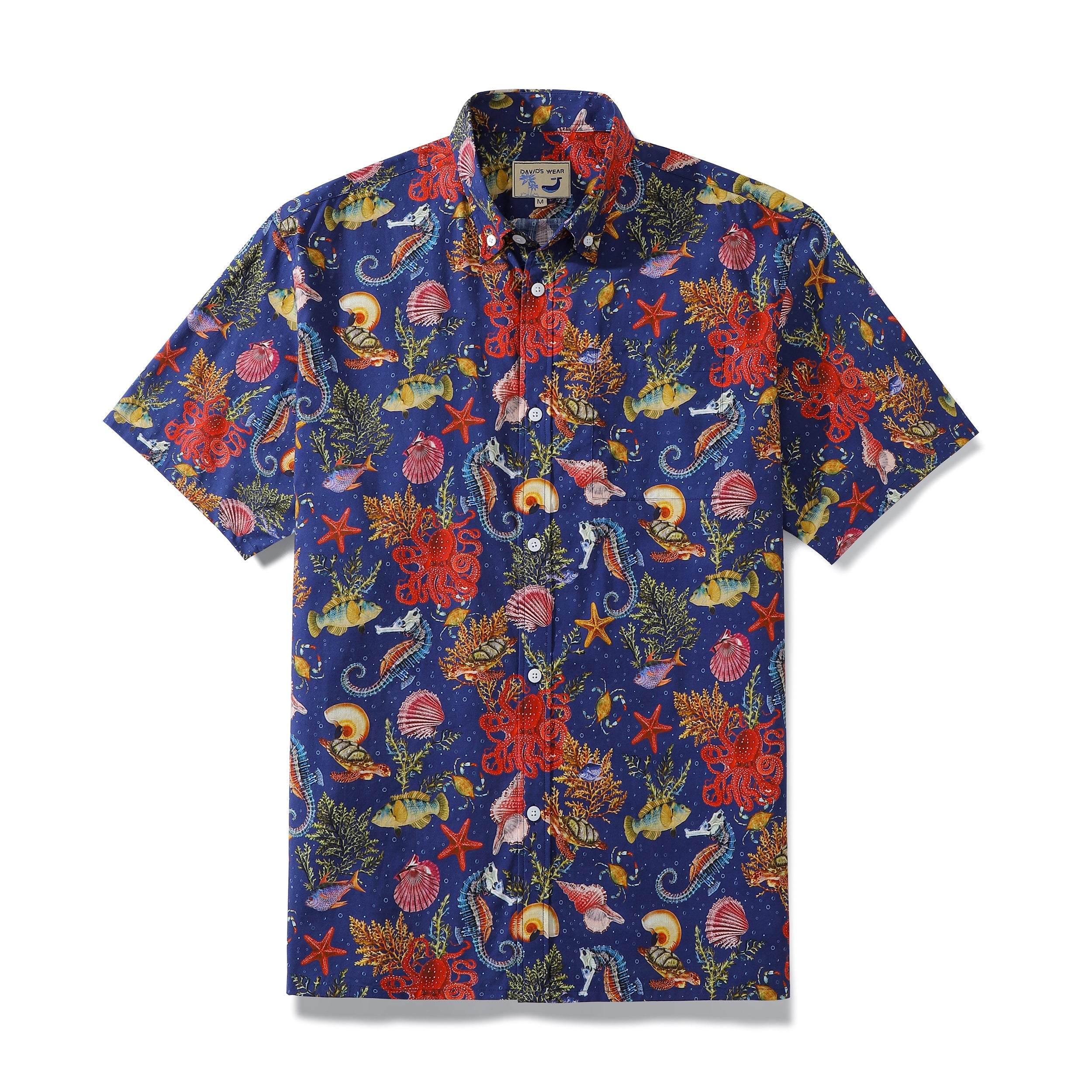 Australia Men's Funky Hawaiian Shirt Marine Life Seahorse Octopus Print Button-down Cotton (Dark Blue)