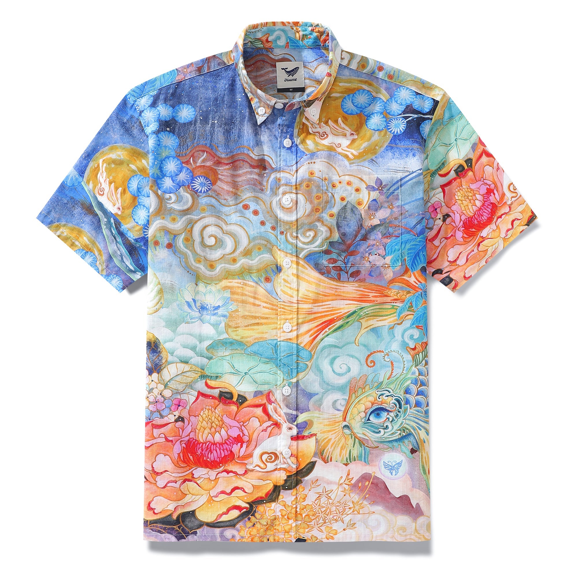Cotton Men's Hawaiian Shirt Australia Cloud-wandering Koi Print Cotton Button-down Short Sleeve Aloha Shirt