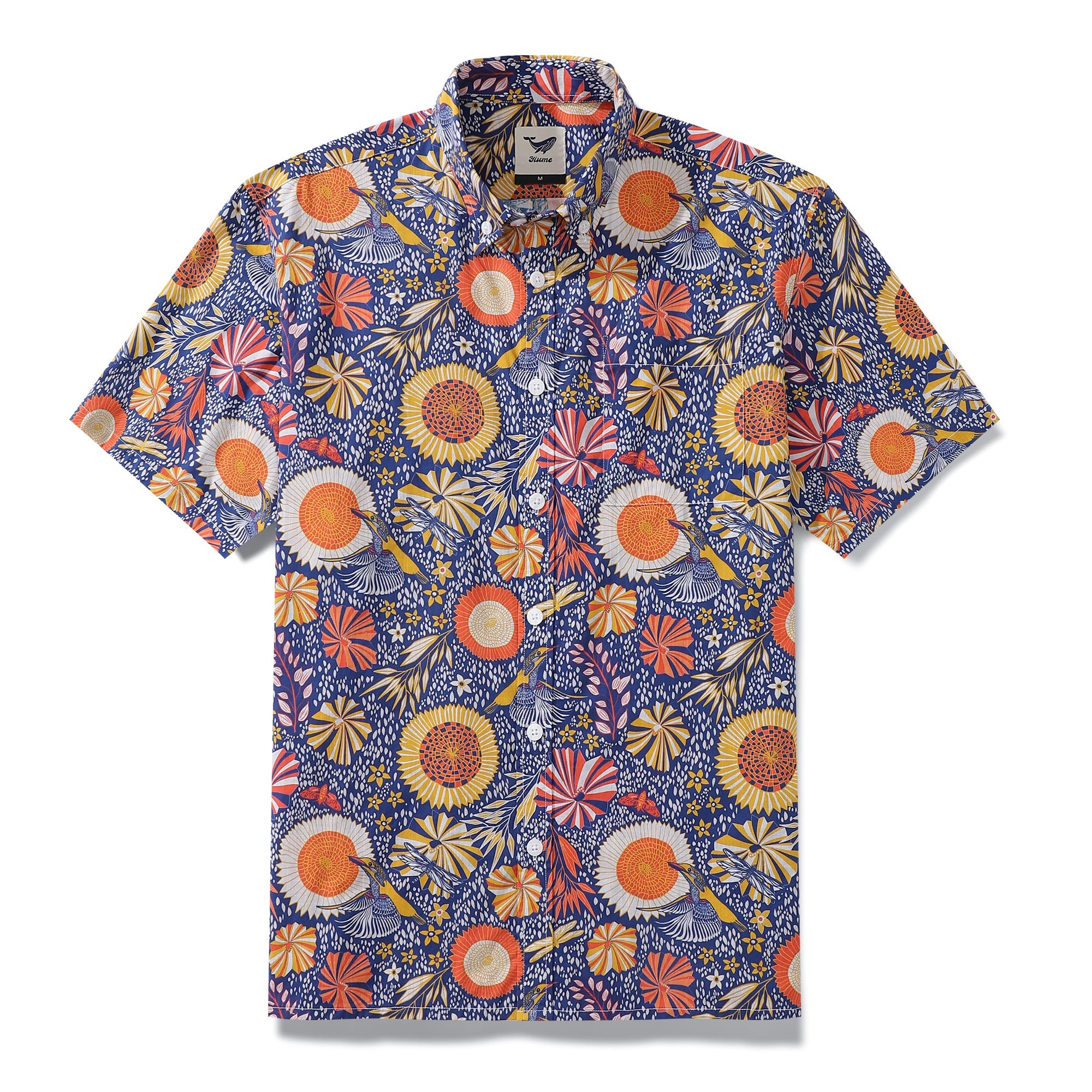 Men's Hawaiian Shirt Kingfisher and Flowers Print By Nina Leth Cotton Button-down Short Sleeve Aloha Shirt