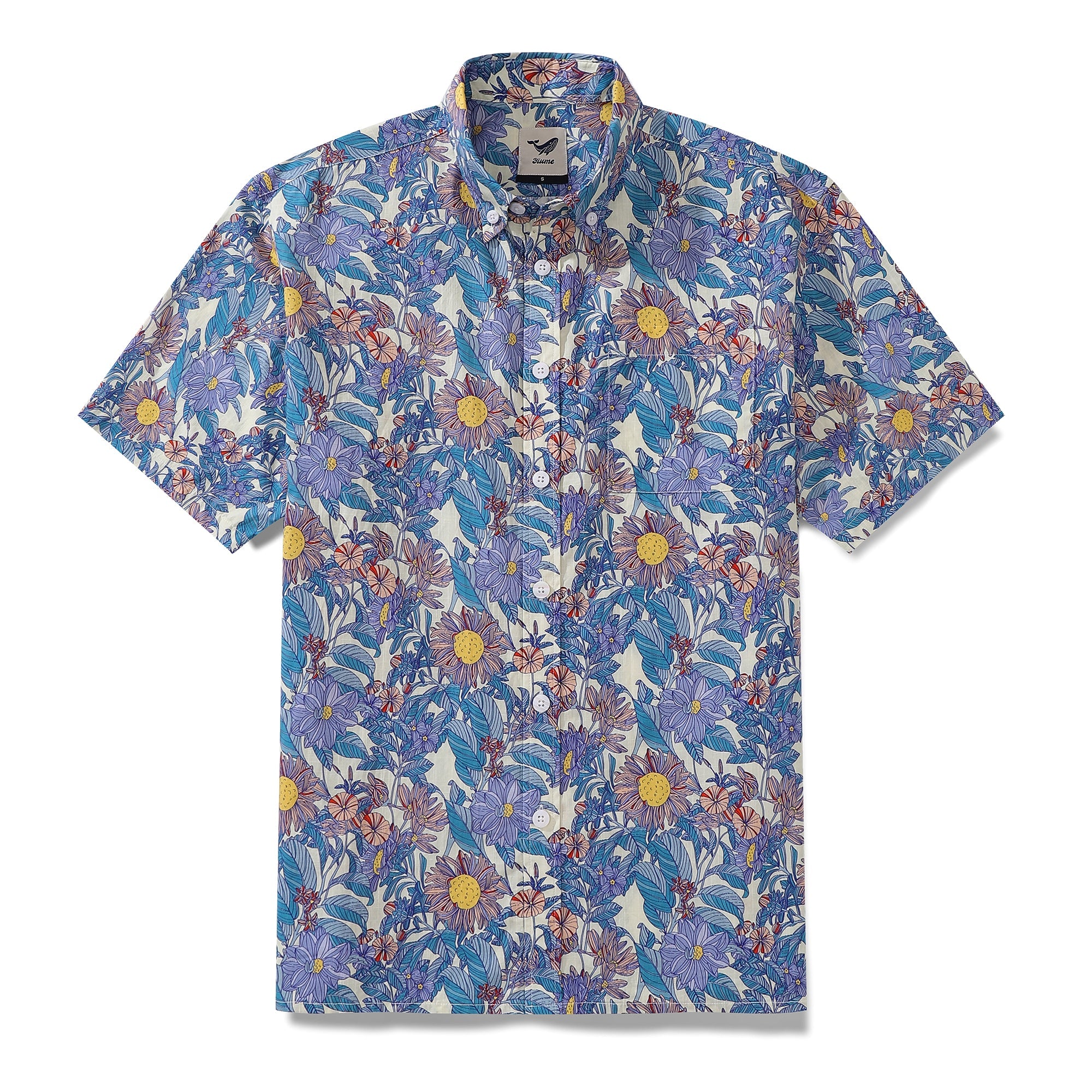 Men's Hawaiian Shirt Flower Sea Print Cotton Button-down Short Sleeve Aloha Shirt