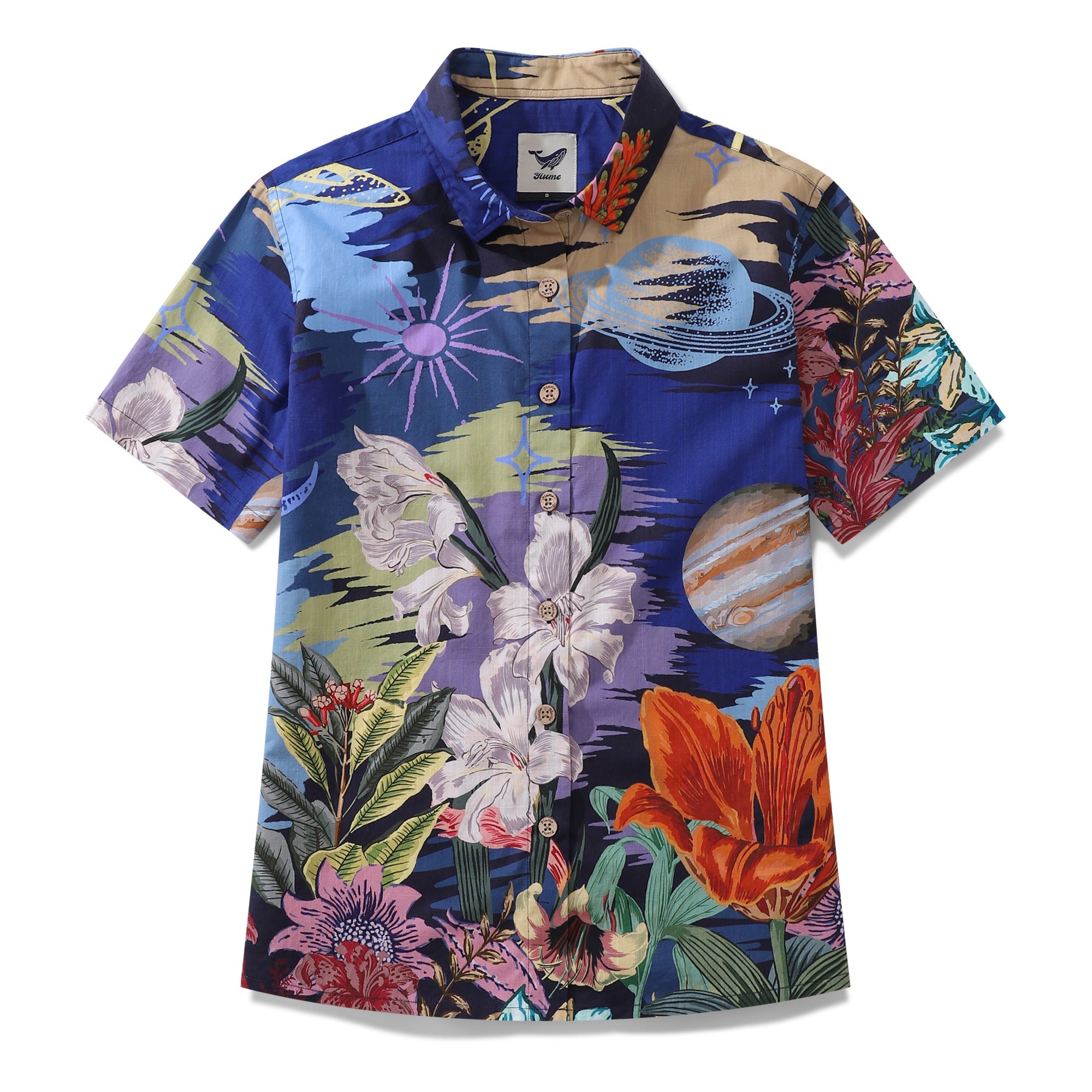 Women's Hawaiian Shirt Garden Under the Moonlight Print Cotton Button-down Short Sleeve