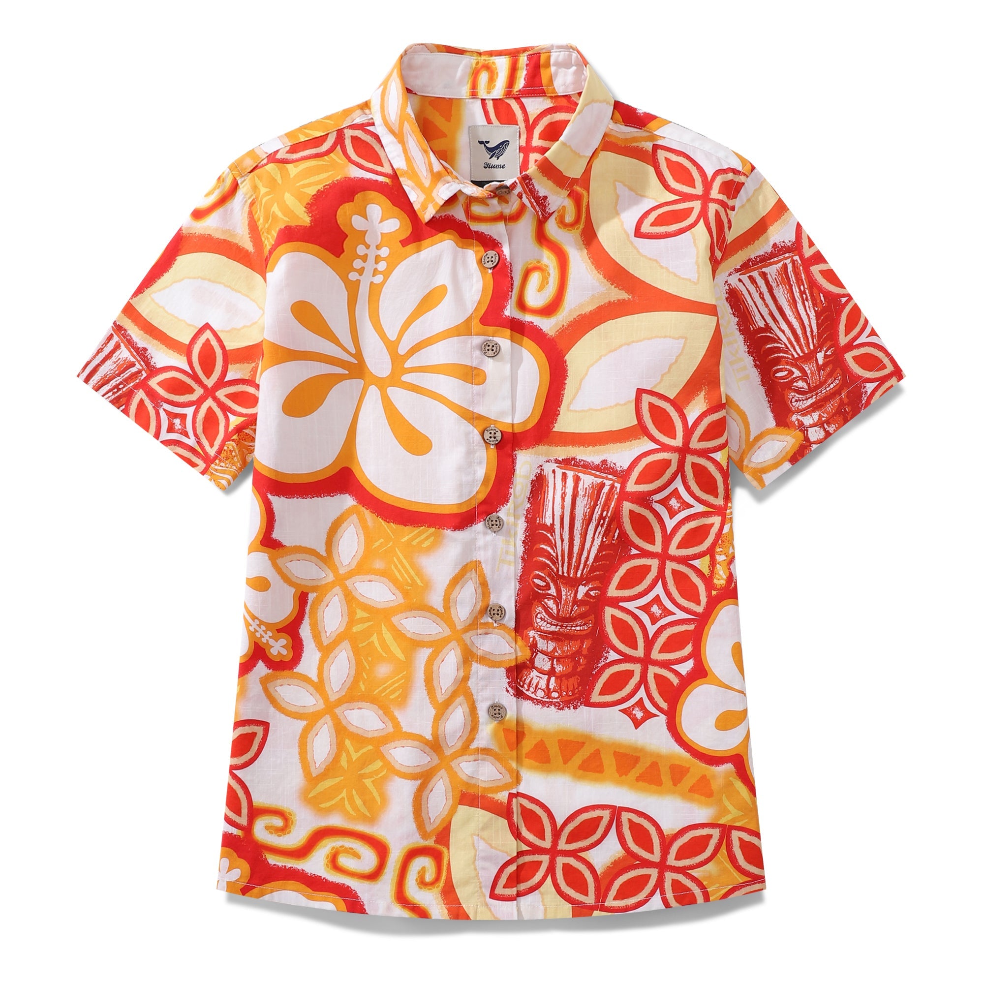 Women's Hawaiian Shirt Orange Totem By Tikirob Print Cotton Button-down Short Sleeve