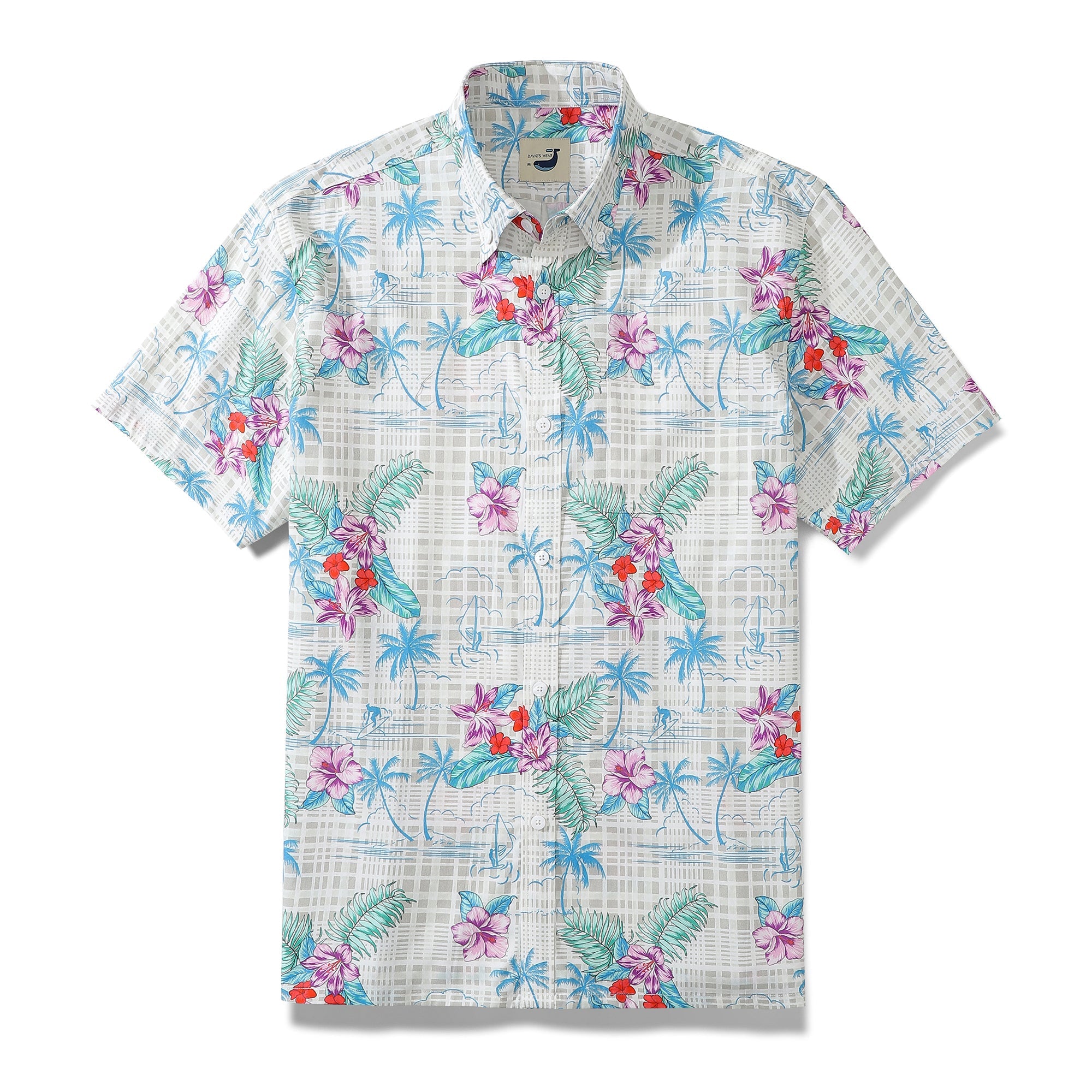 Men‘s Aloha Shirts Tropical Floral Cotton Plaid Shirt Button Down Collar