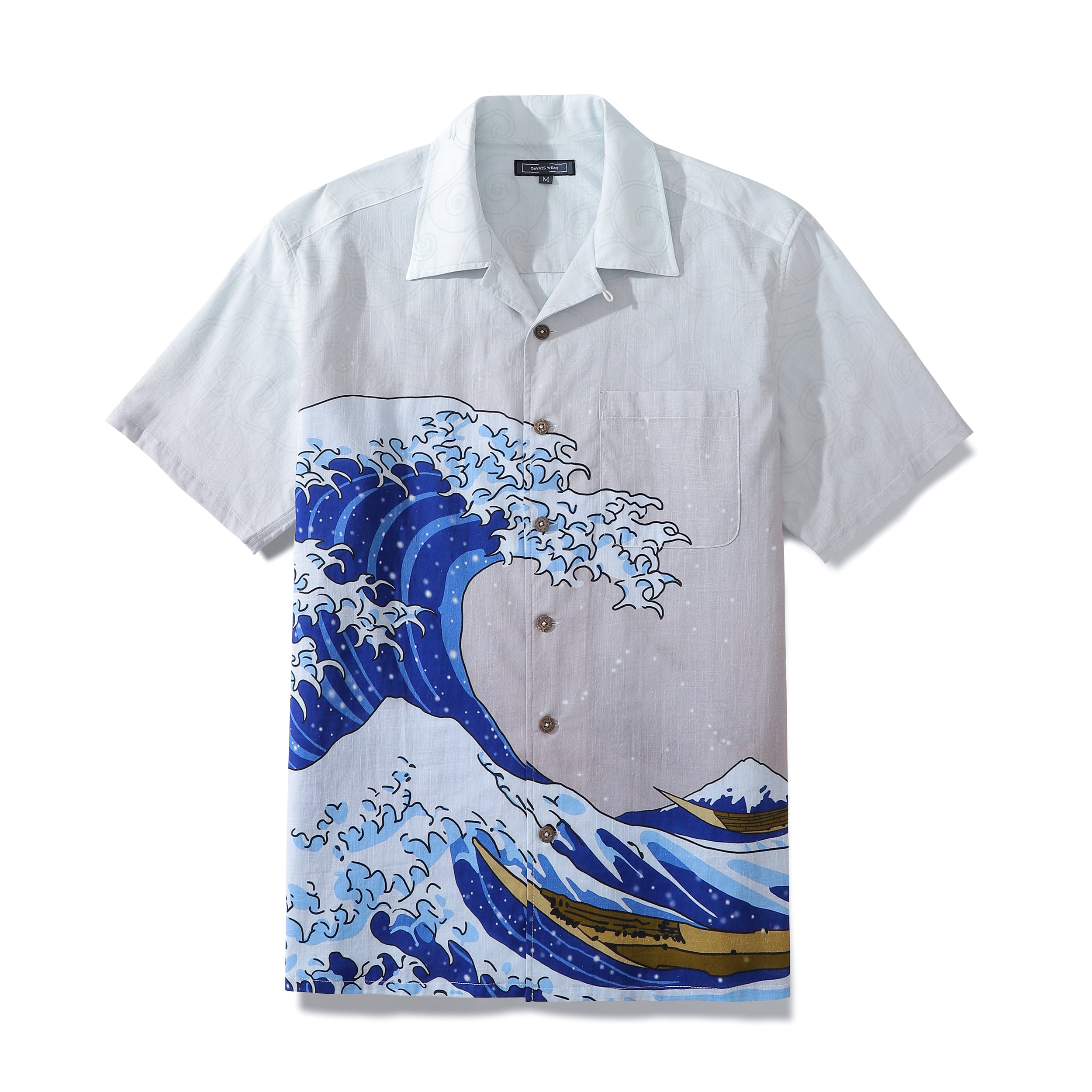 Men's Aloha Shirt Cotton Short Sleeve Waves Pattern Coconut Buttons Camp Shirt