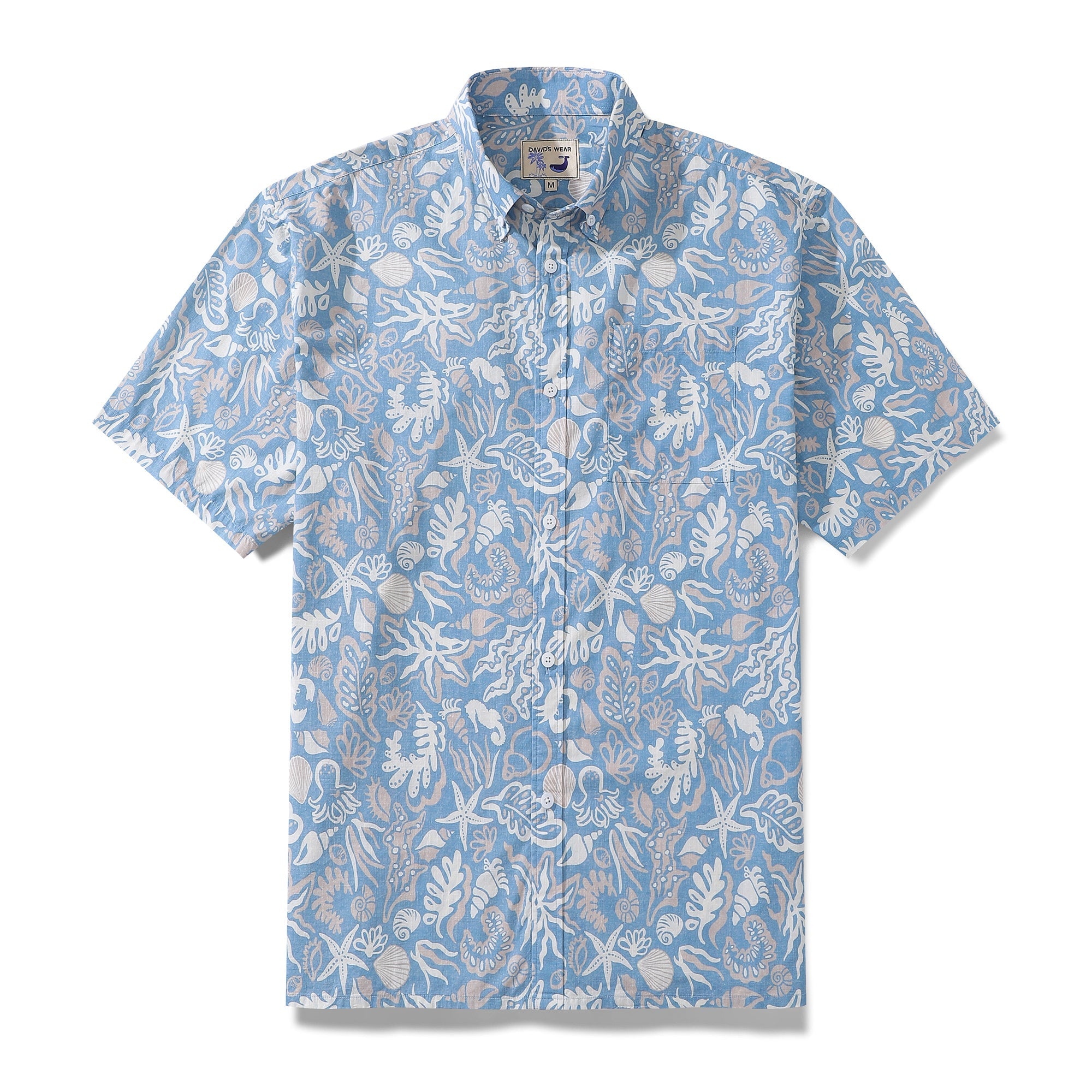 Cotton Hawaiian Shirts Australia for Men Oceanic Silhouette Print 100% Cotton Short-Sleeved - Blue