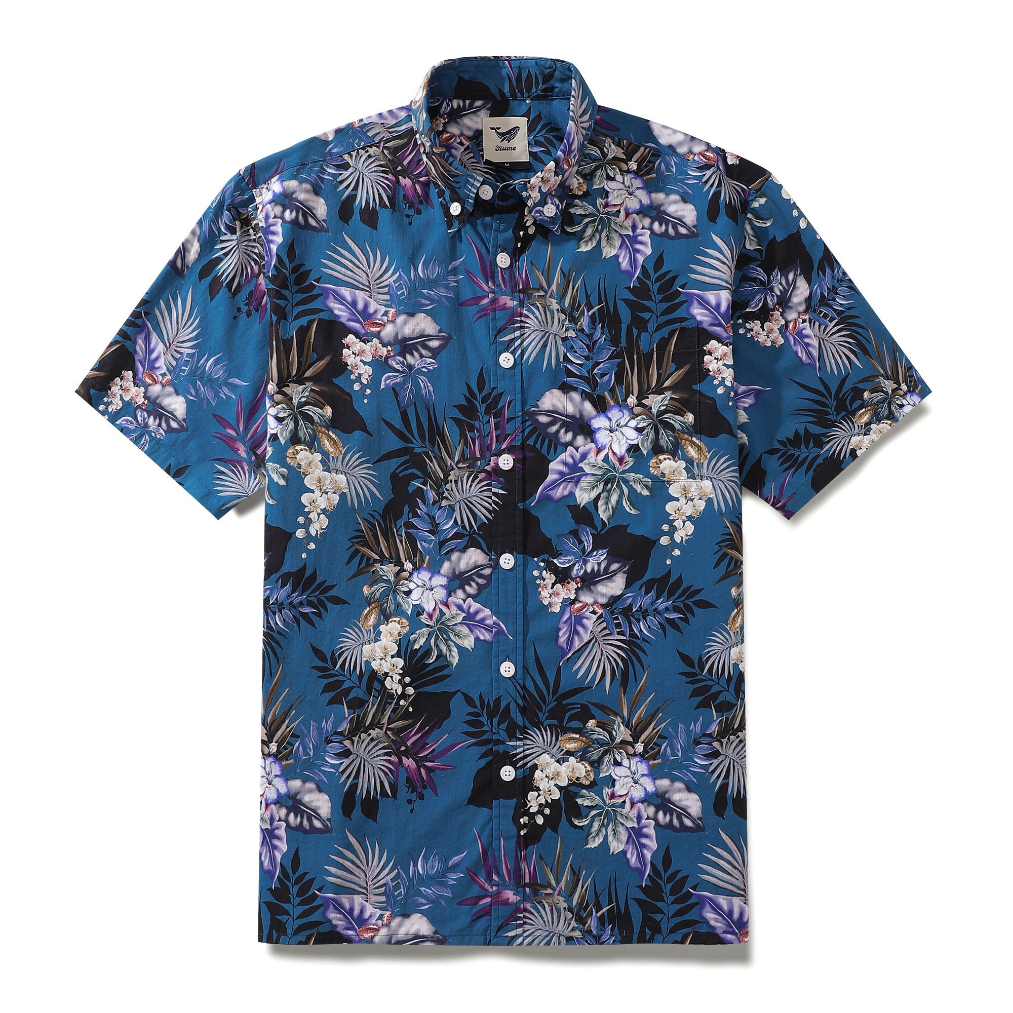 Dark Blue Hand Painted Orchid Floral Print 100% Cotton Button-down  Men's Hawaiian Shirt