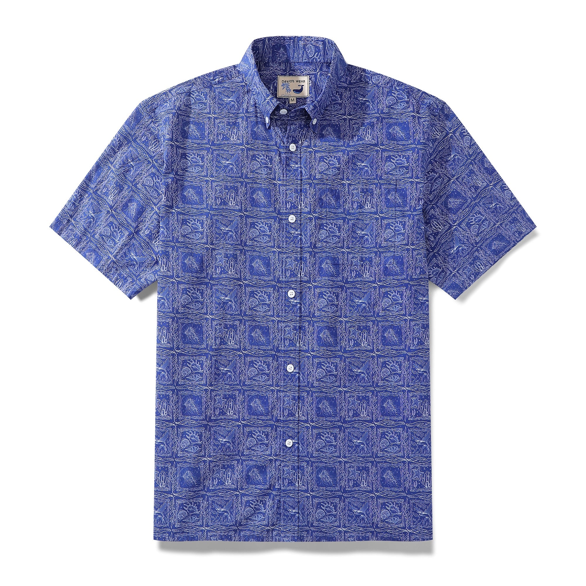 Hawaiian Shirts for Men Ocean Life and Line Combination Printed Short Sleeve Shirt - Navy Blue