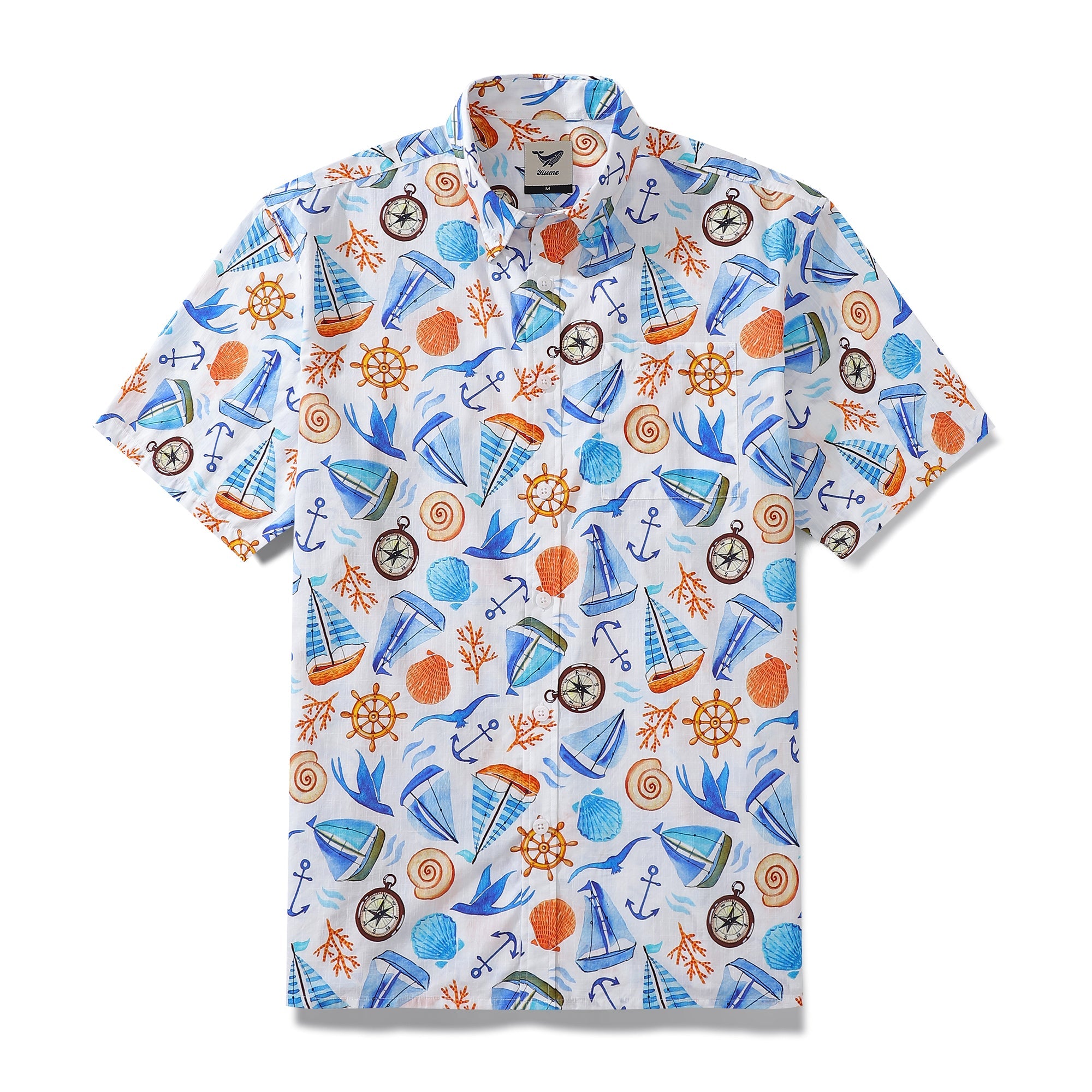 Men's Hawaiian Shirt Sailing Adventure Print Designed by Julia Madoka Cotton Button-down