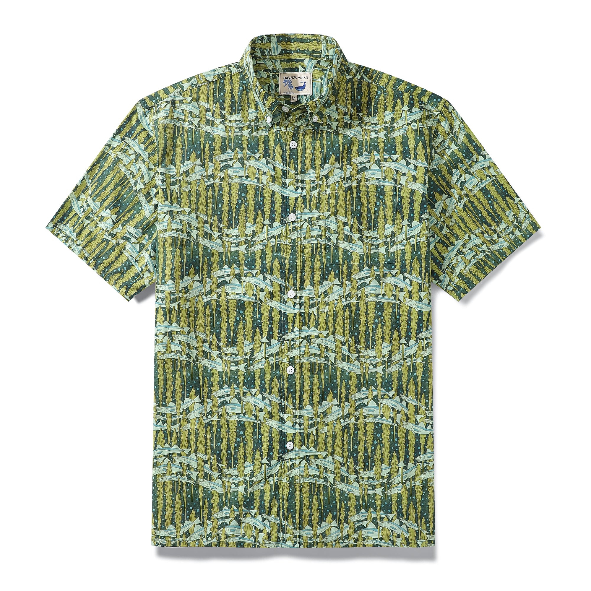 Hawaiian Shirt For Men Cod and Seaweed Print Short Sleeve Cotton Button Down