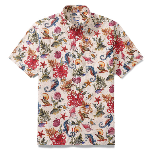 Yiume Men's Funky Hawaiian Shirt Marine Life Seahorse Octopus Print-mismatched Cotton Button-down