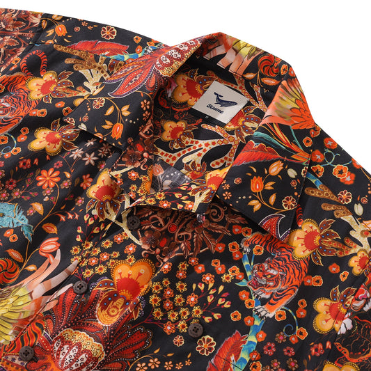 Hawaiian Shirt For Men Blazing Tiger Shirt Camp Collar 100% Cotton