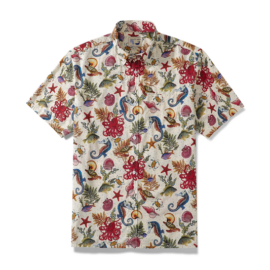 Yiume Men's Funky Hawaiian Shirt Marine Life Seahorse Octopus Print Cotton Button-down