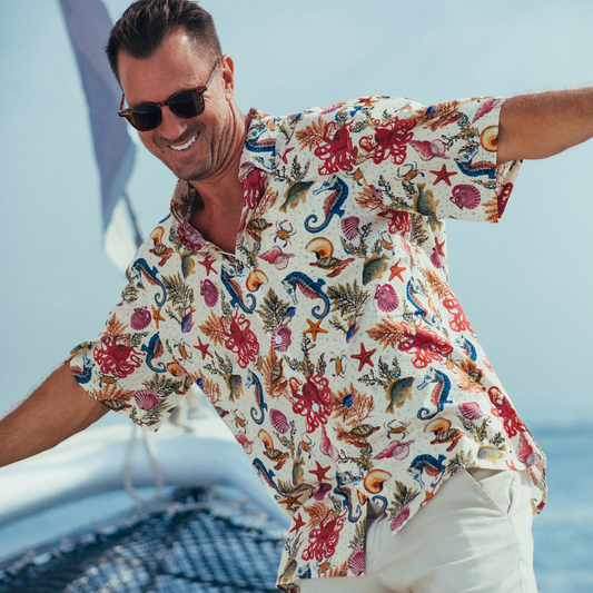 Yiume Men's Funky Hawaiian Shirt Marine Life Seahorse Octopus Print Cotton Button-down