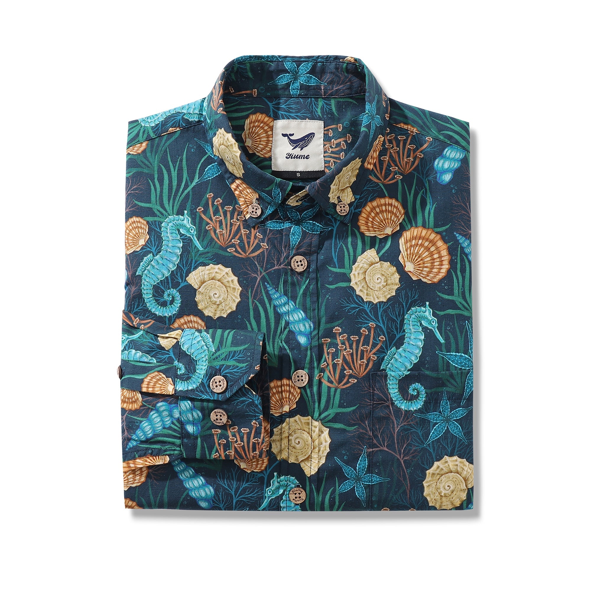 Men's Hawaiian Shirt Wonders of the Sea Print By Luova Flow Cotton Button-down Long Sleeve Aloha Shirt