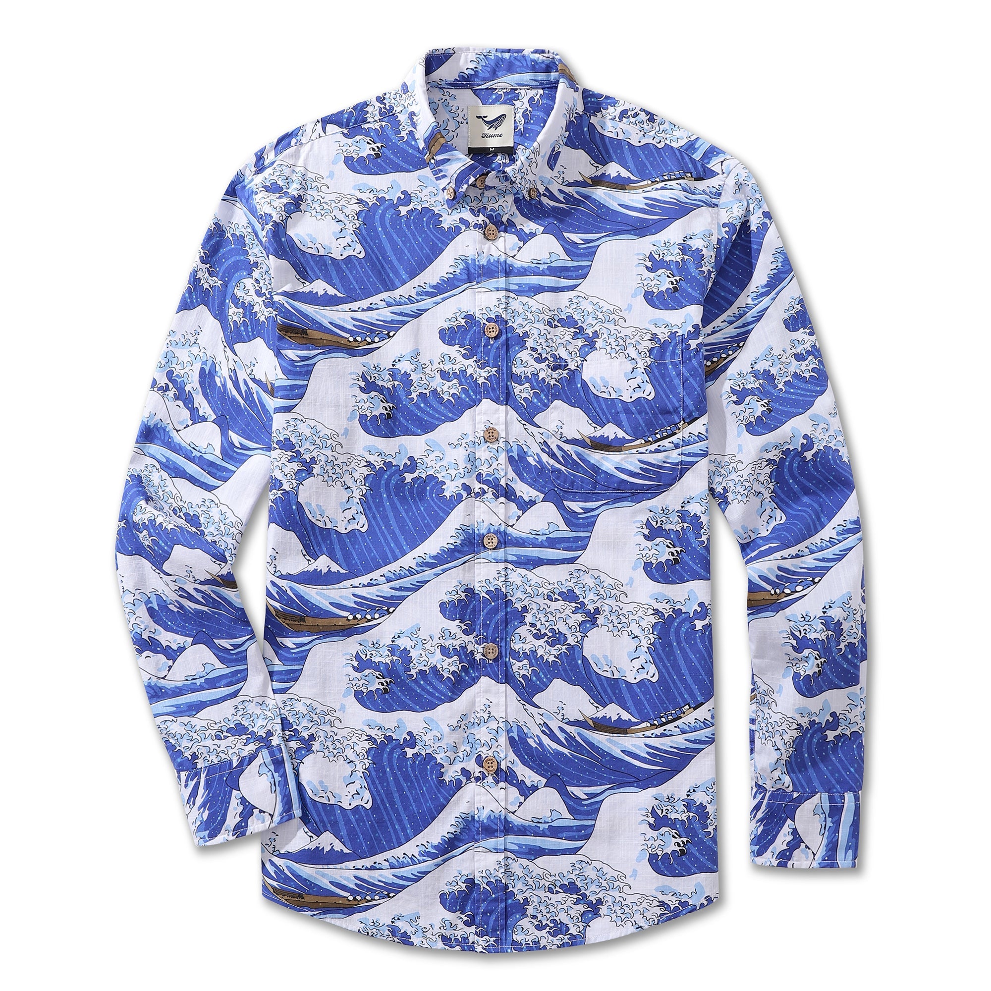 Men's Hawaiian Shirt Ocean Waves Japanese Ukiyo-e Print Cotton Button-down Long Sleeve Aloha Shirt